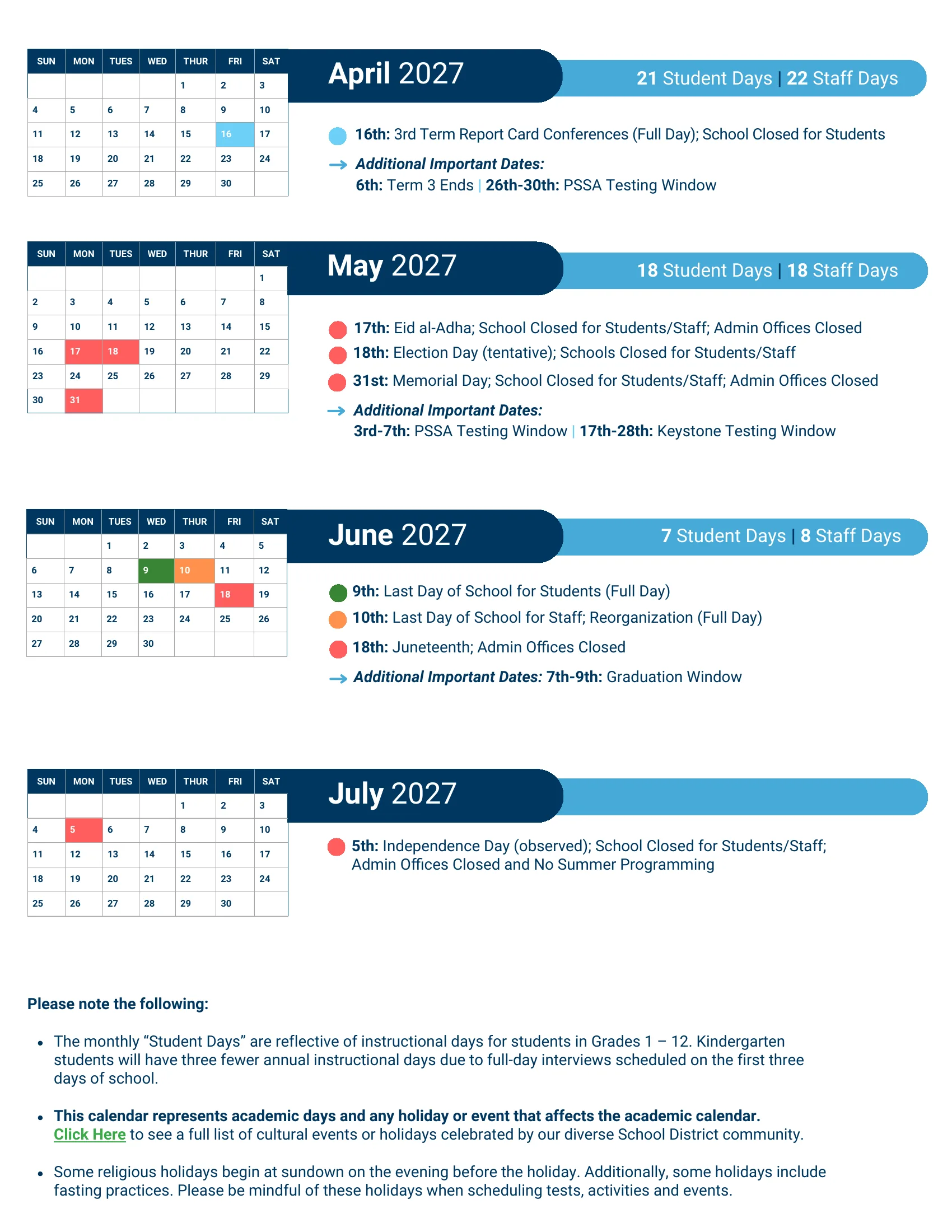 The School District of Philadelphia 2026-2027 Academic Calendar: four pages with a term table, a color key (first days in green and yellow, closed for students and staff in red, staff professional development in orange, report card conferences in light blue, last day in dark green), month grids from August 2026 to July 2027 with each month's dates and student day counts, notes, and a one-page year at a glance. Page 3 of 4.