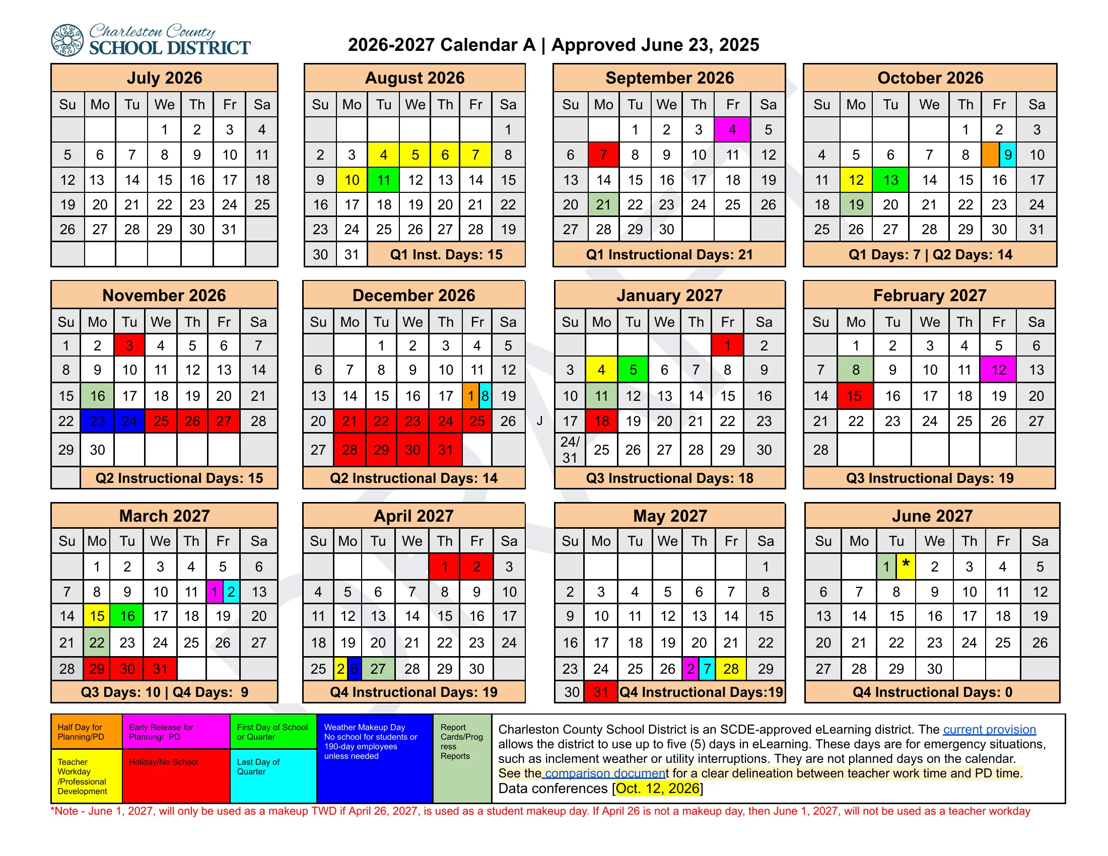 The Charleston County School District 2026-2027 Calendar A: twelve month grids from July 2026 to June 2027 with holidays in red, teacher workdays in yellow, early releases in pink, half days in orange, weather makeup days in blue, first and last days of each quarter in green and light blue, report card weeks in pale green, instructional day counts under each month, and a legend.