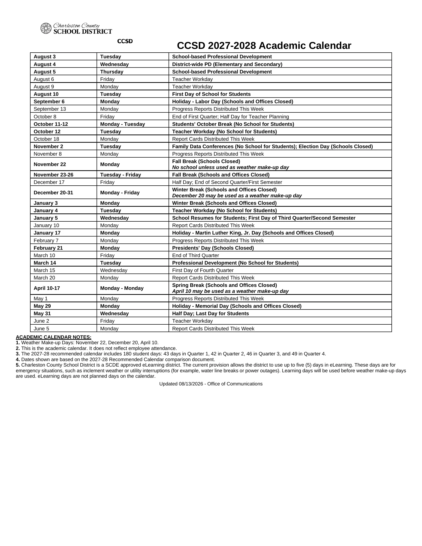 The CCSD 2027-2028 Academic Calendar: a dated list of every school event from the August teacher days to the June report cards, with weekdays, and notes on weather makeup days, quarter day counts and eLearning days.