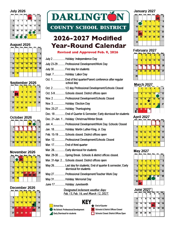 The Darlington County School District 2026-2027 Modified Year-Round Calendar: month grids from July 2026 to June 2027 around a list of key dates, with school days in yellow, holidays in red marked H, professional development days as green circles, schools-closed days outlined in red, early dismissals as green triangles, quarter ends as stars, and a key.