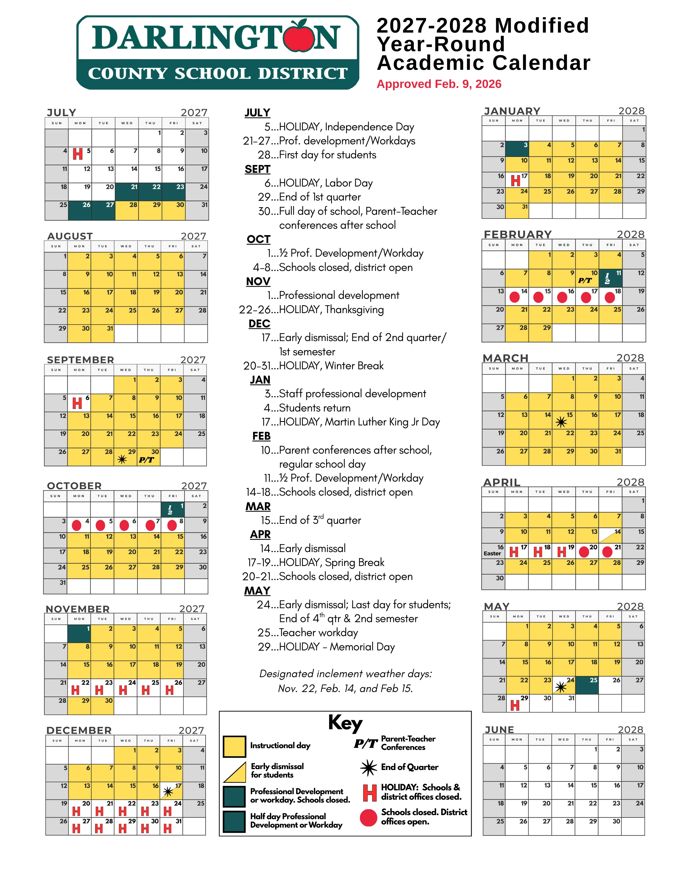The Darlington County School District 2027-2028 Modified Year-Round Academic Calendar: month grids from July 2027 to June 2028 around a list of key dates, with instructional days in yellow, holidays marked with a red H, professional development and workdays in dark teal, schools-closed days marked with red dots, early dismissals as half-yellow cells, quarter ends as stars, parent-teacher conferences as P/T, and a key.
