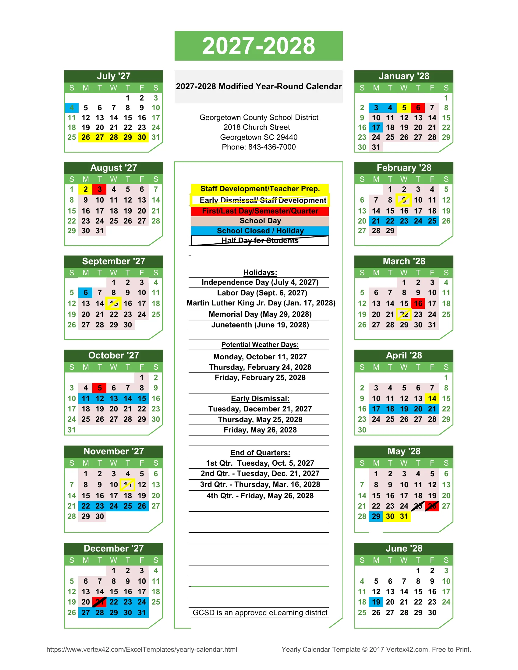 The Georgetown County School District 2027-2028 Modified Year-Round Calendar: twelve month grids from July 2027 to June 2028, school days shaded pink, days the schools are closed in blue, staff development days in yellow, the first and last days and quarter ends in red, early dismissals and half days marked with a slash, and lists of holidays, potential weather days, half days and quarter end dates.