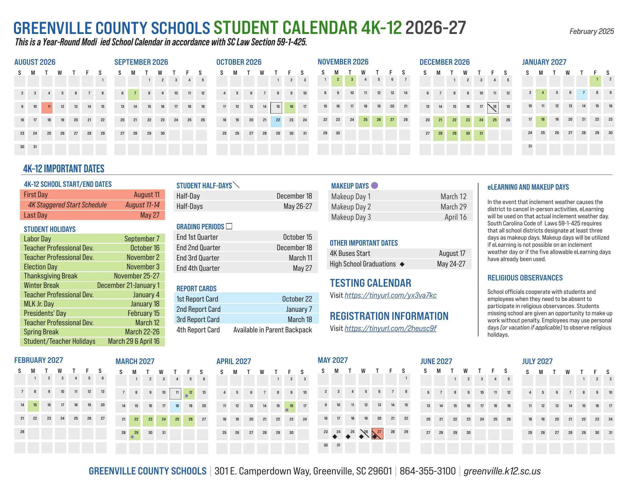 The Greenville County Schools Student Calendar 4K-12 2026-27: month grids from August 2026 to July 2027 with student holidays in green, the first and last days in salmon, half days slashed, quarter ends boxed, report cards in blue and makeup days dotted in purple, the 4K-12 important dates tables and, on page 2, the same dates as a list.