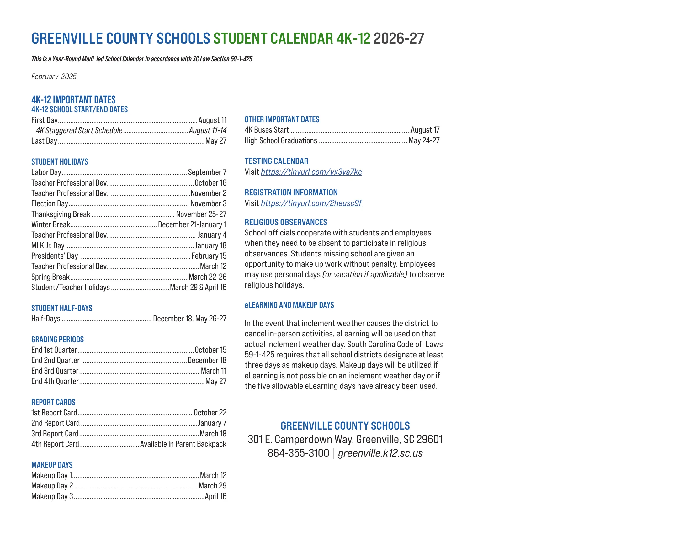 The Greenville County Schools Student Calendar 4K-12 2026-27: month grids from August 2026 to July 2027 with student holidays in green, the first and last days in salmon, half days slashed, quarter ends boxed, report cards in blue and makeup days dotted in purple, the 4K-12 important dates tables and, on page 2, the same dates as a list. Page 2 of 2.