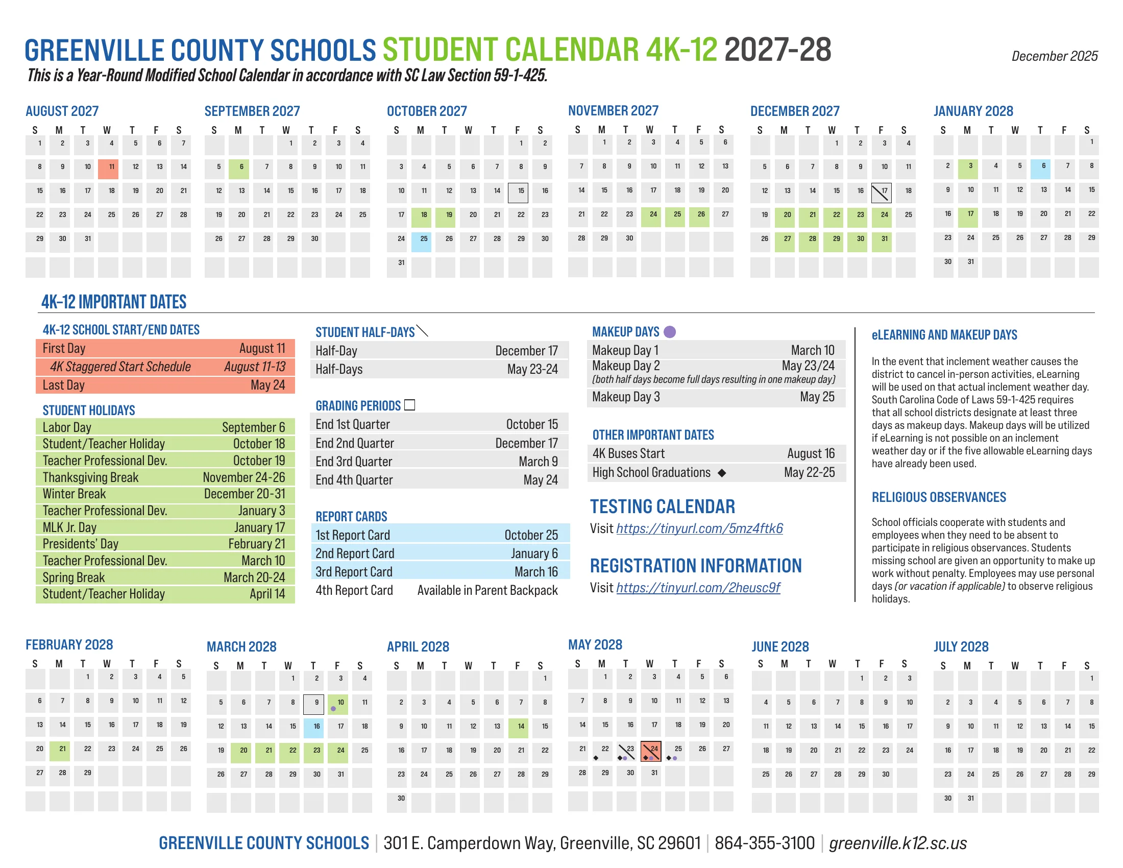 The Greenville County Schools Student Calendar 4K-12 2027-28: month grids from August 2027 to July 2028 with student holidays in green, the first and last days in salmon, half days slashed, quarter ends boxed, report cards in blue and makeup days dotted in purple, the 4K-12 important dates tables and, on page 2, the same dates as a list.