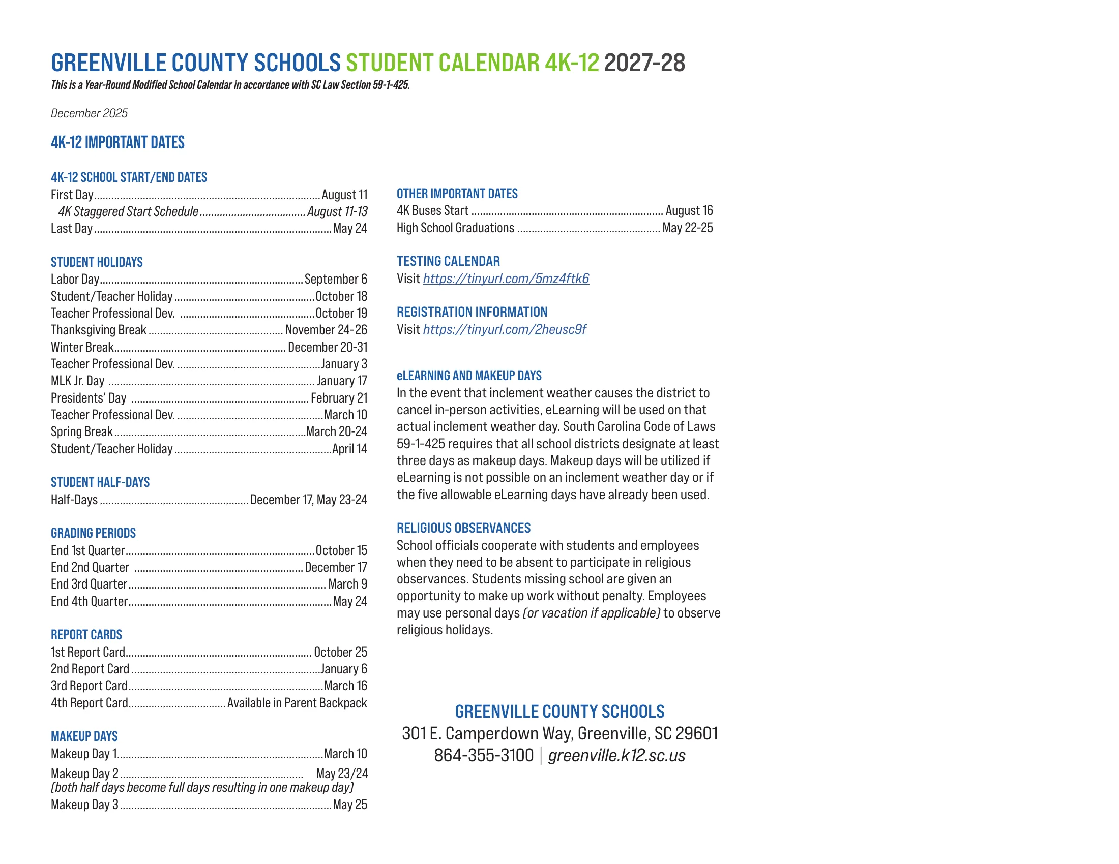 The Greenville County Schools Student Calendar 4K-12 2027-28: month grids from August 2027 to July 2028 with student holidays in green, the first and last days in salmon, half days slashed, quarter ends boxed, report cards in blue and makeup days dotted in purple, the 4K-12 important dates tables and, on page 2, the same dates as a list. Page 2 of 2.