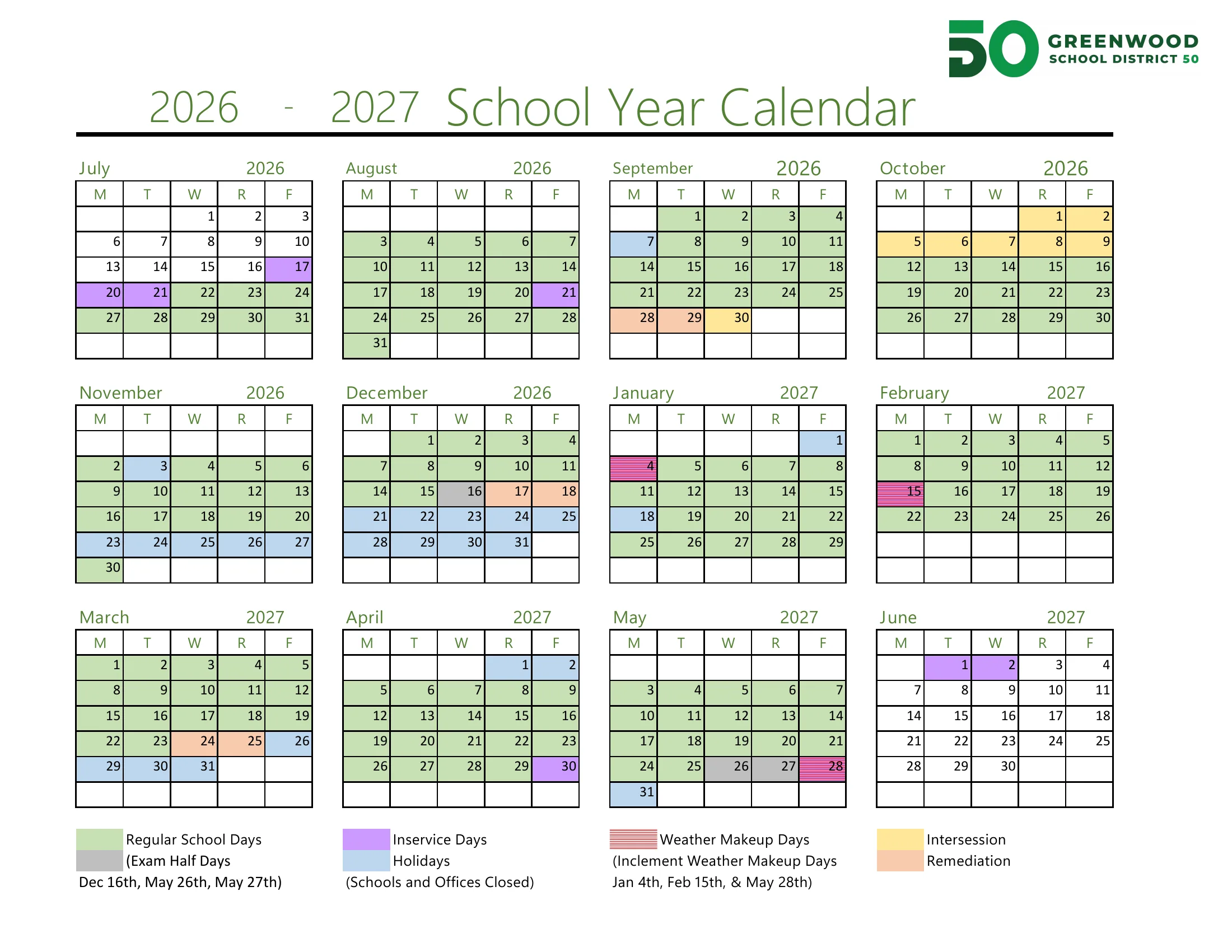 The Greenwood School District 50 2026-2027 School Year Calendar: weekday grids from July 2026 to June 2027 with regular school days in green, exam half days in gray, inservice days in purple, holidays in blue, intersession in yellow, remediation days in peach and striped weather makeup days, with a color key.