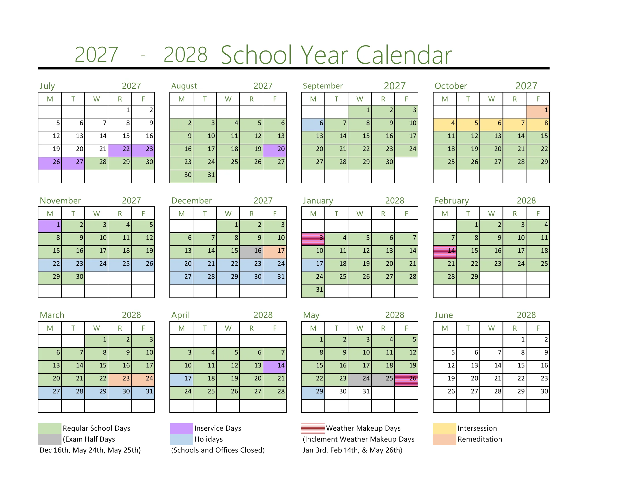 The Greenwood School District 50 2027-2028 School Year Calendar: weekday grids from July 2027 to June 2028 with regular school days in green, exam half days in gray, inservice days in purple, holidays in blue, intersession in yellow, remediation days in peach and striped weather makeup days, with a color key.
