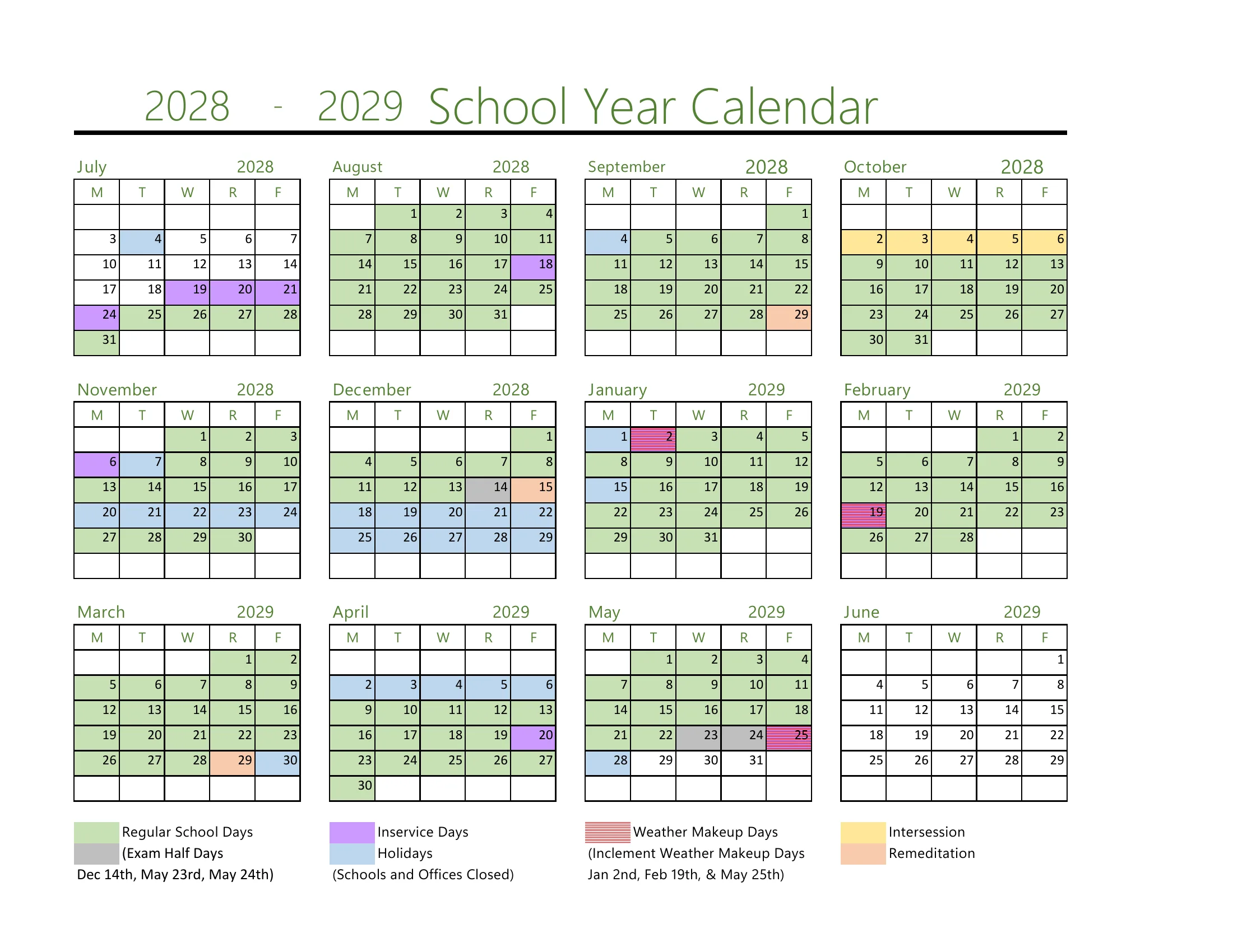 The Greenwood School District 50 2028-2029 School Year Calendar: weekday grids from July 2028 to June 2029 with regular school days in green, exam half days in gray, inservice days in purple, holidays in blue, intersession in yellow, remediation days in peach and striped weather makeup days, with a color key.