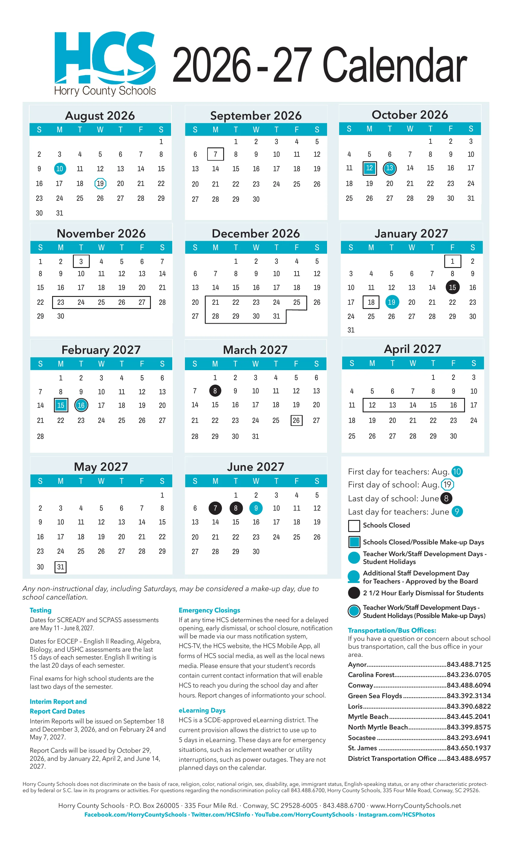 The Horry County Schools 2026-27 Calendar: month grids from August 2026 to June 2027 with boxed school closings, teal possible makeup days and staff days, black early dismissal days, a legend, the first and last days, and notes on testing, report cards, emergency closings and eLearning days.