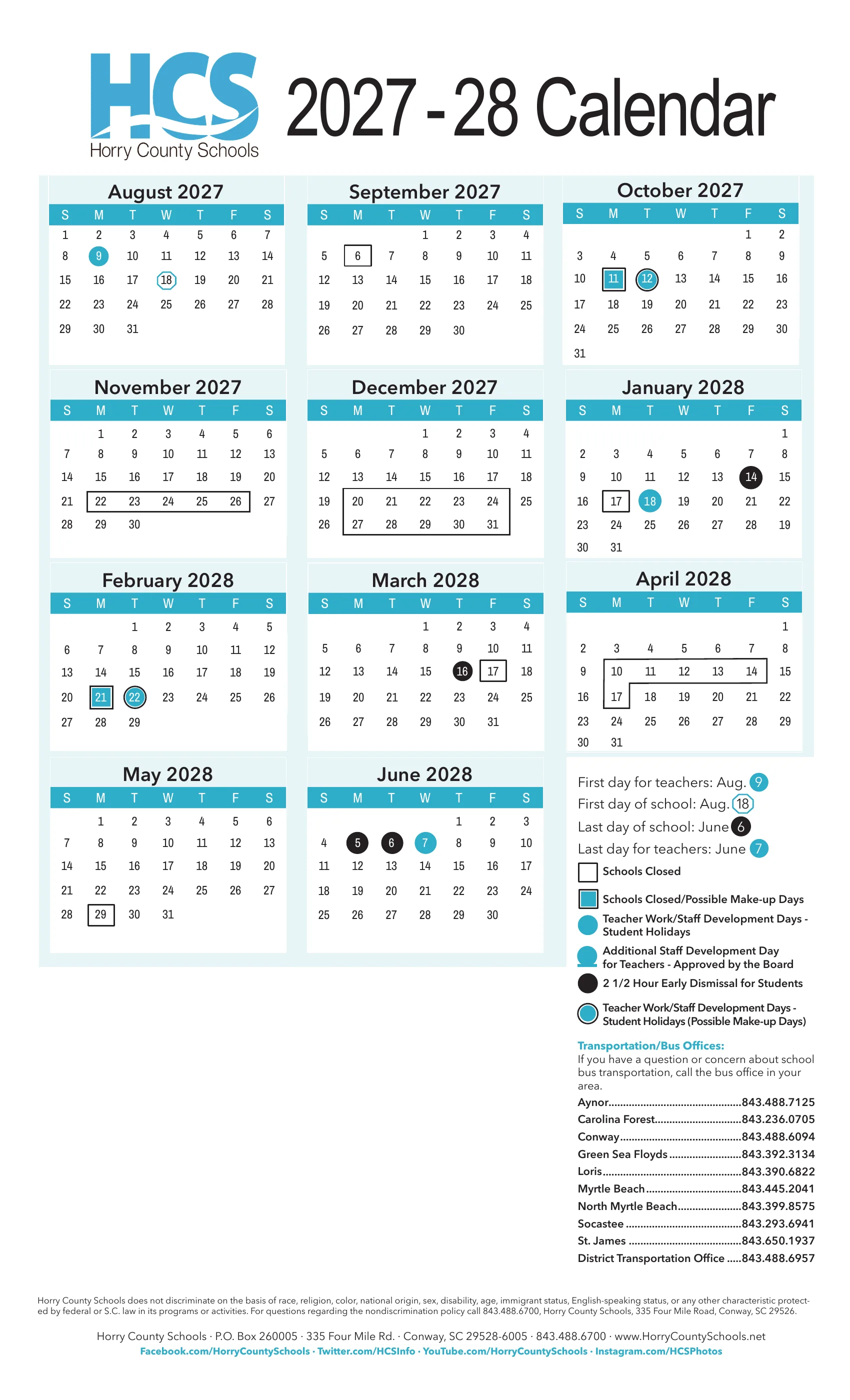 The Horry County Schools 2027-28 Calendar: month grids from August 2027 to June 2028 with boxed school closings, teal possible makeup days and staff days, black early dismissal days, a legend, the first and last days, and the bus office phone numbers.
