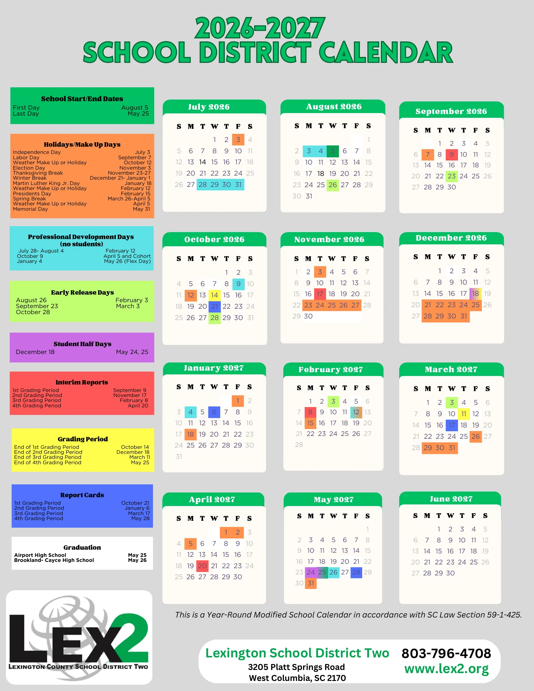 The Lexington School District Two 2026-2027 School District Calendar: month grids from July 2026 to June 2027 with holidays and makeup days in orange, professional development days in light blue, early release days in lime, student half days in purple, interim reports in red, grading period ends in yellow and report cards in blue, beside lists of each kind of date. Page 2 is the same calendar in Spanish.