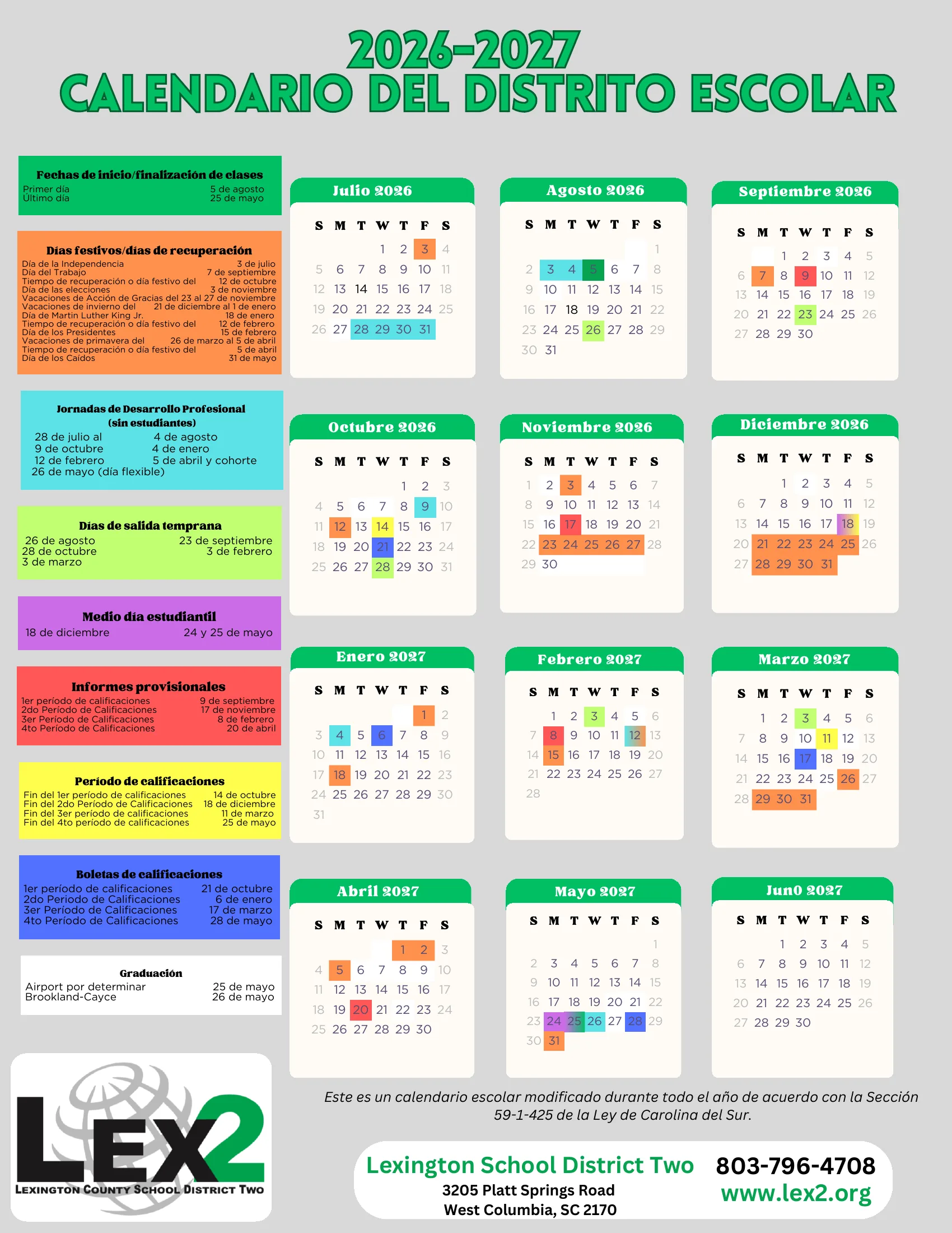 The Lexington School District Two 2026-2027 School District Calendar: month grids from July 2026 to June 2027 with holidays and makeup days in orange, professional development days in light blue, early release days in lime, student half days in purple, interim reports in red, grading period ends in yellow and report cards in blue, beside lists of each kind of date. Page 2 is the same calendar in Spanish. Page 2 of 2.