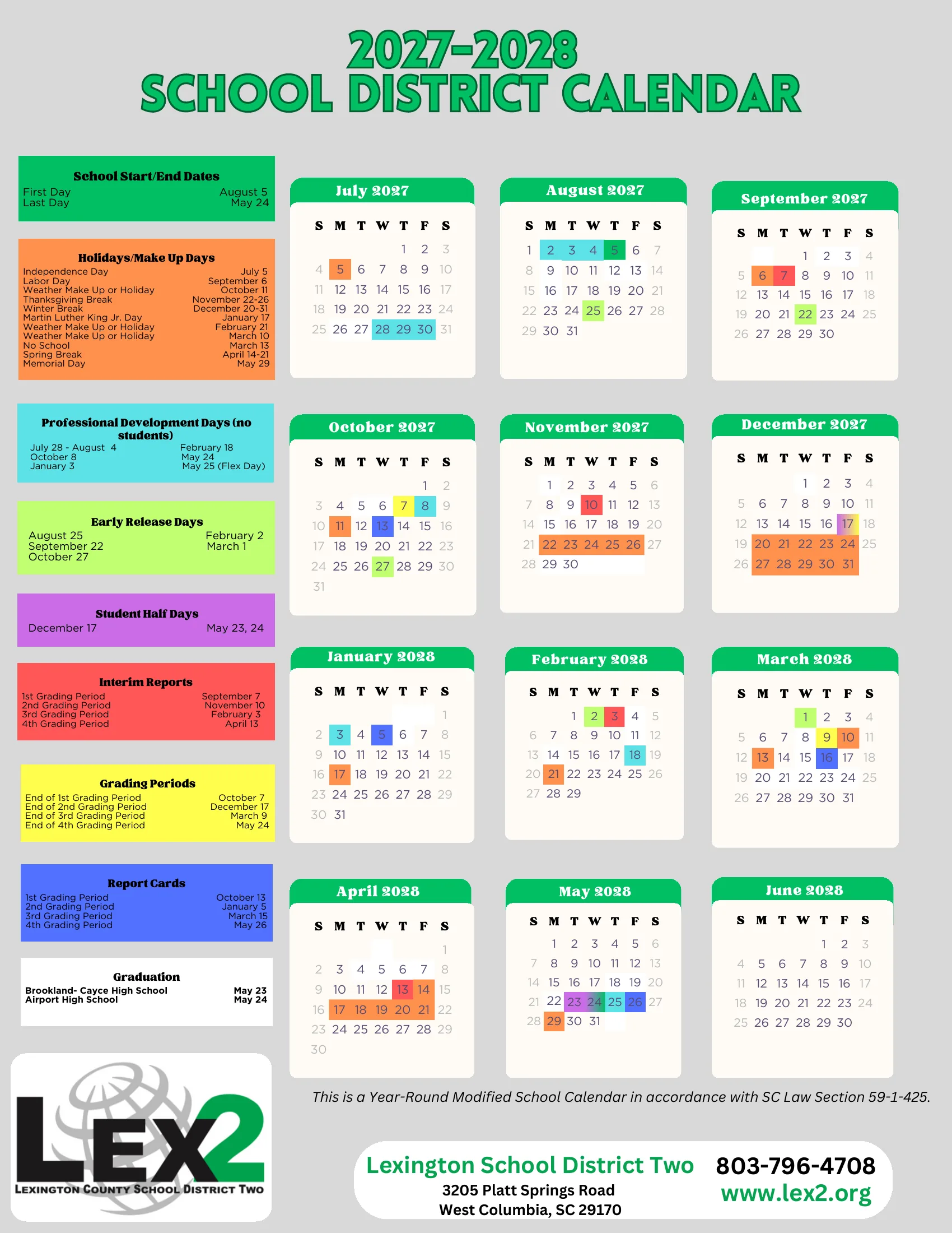 The Lexington School District Two 2027-2028 School District Calendar: month grids from July 2027 to June 2028 with holidays and makeup days in orange, professional development days in light blue, early release days in lime, student half days in purple, interim reports in red, grading period ends in yellow and report cards in blue, beside lists of each kind of date.