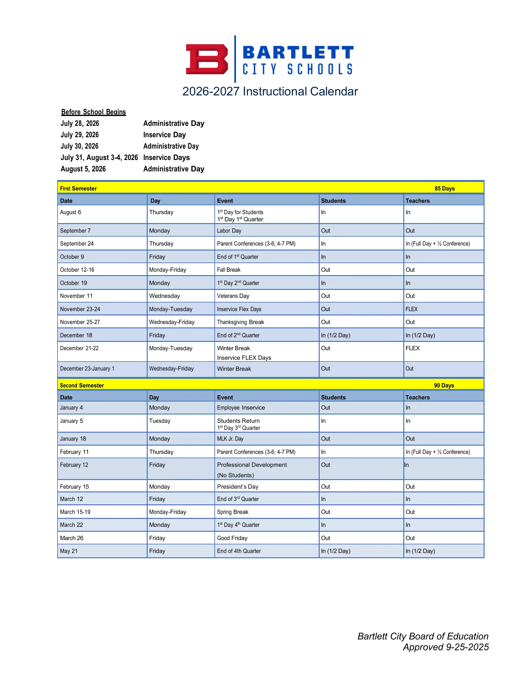 The Bartlett City Schools 2026-2027 Instructional Calendar: the days before school begins, then a table for each semester listing each date, weekday, event and whether students and teachers are in or out, with the semester day counts.