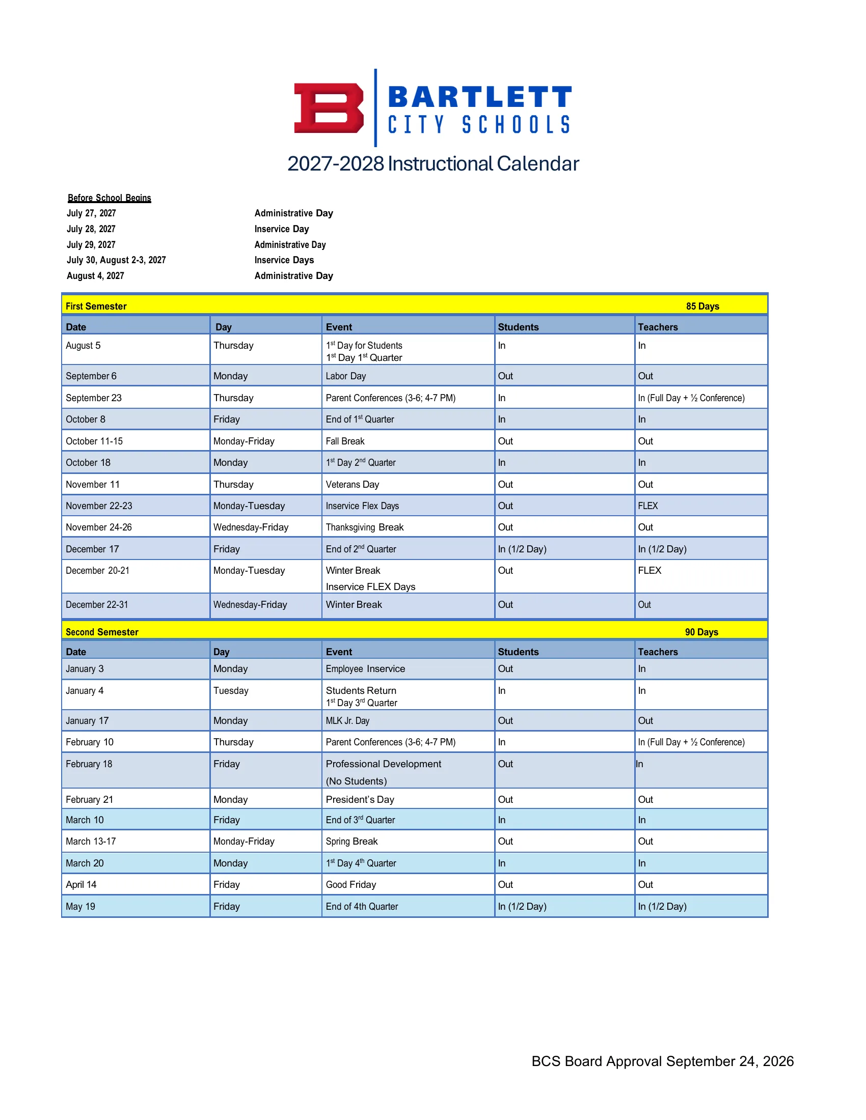 The Bartlett City Schools 2027-2028 Instructional Calendar: the days before school begins, then a table for each semester listing each date, weekday, event and whether students and teachers are in or out, with the semester day counts.