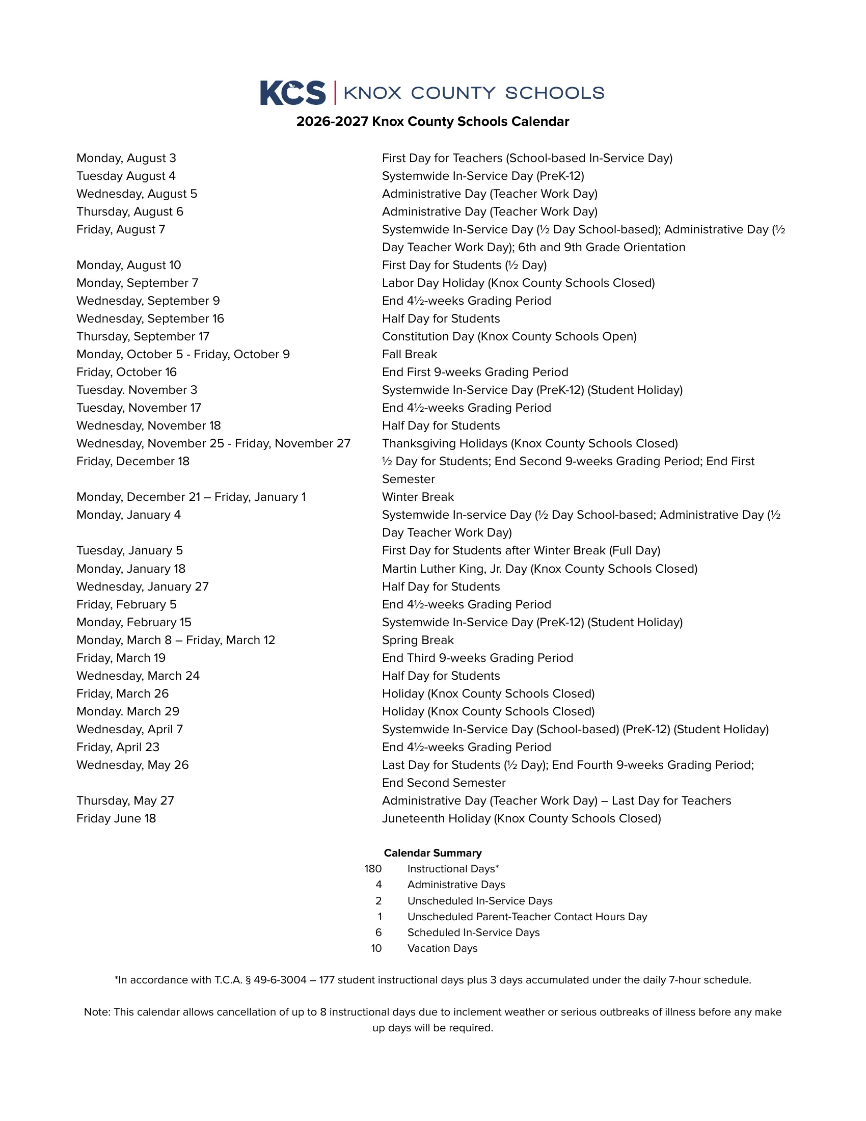 The 2026-2027 Knox County Schools Calendar: a dated list from Aug. 3, 2026 to June 18, 2027 of teacher days, holidays, breaks, half days and grading period ends, with a calendar summary of 180 instructional days.