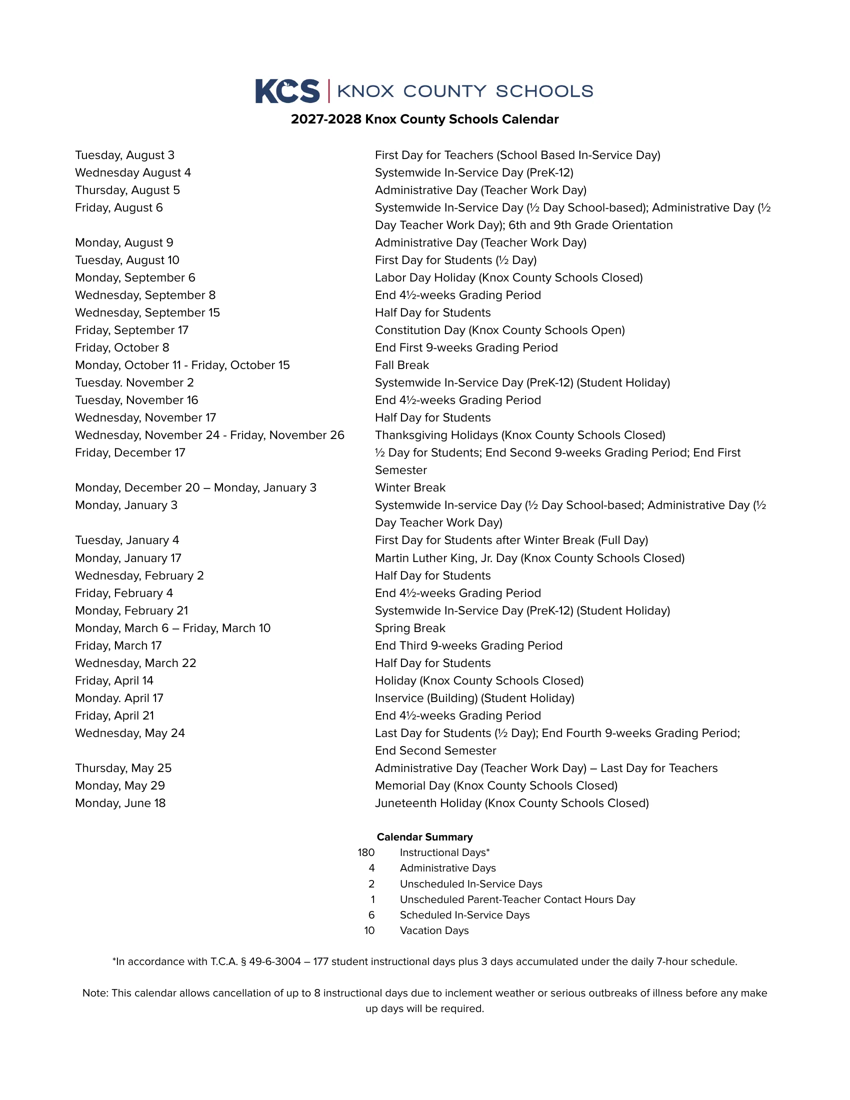 The 2027-2028 Knox County Schools Calendar: a dated list from Aug. 3, 2027 to Juneteenth in June 2028 of teacher days, holidays, breaks, half days and grading period ends, with a calendar summary of 180 instructional days.