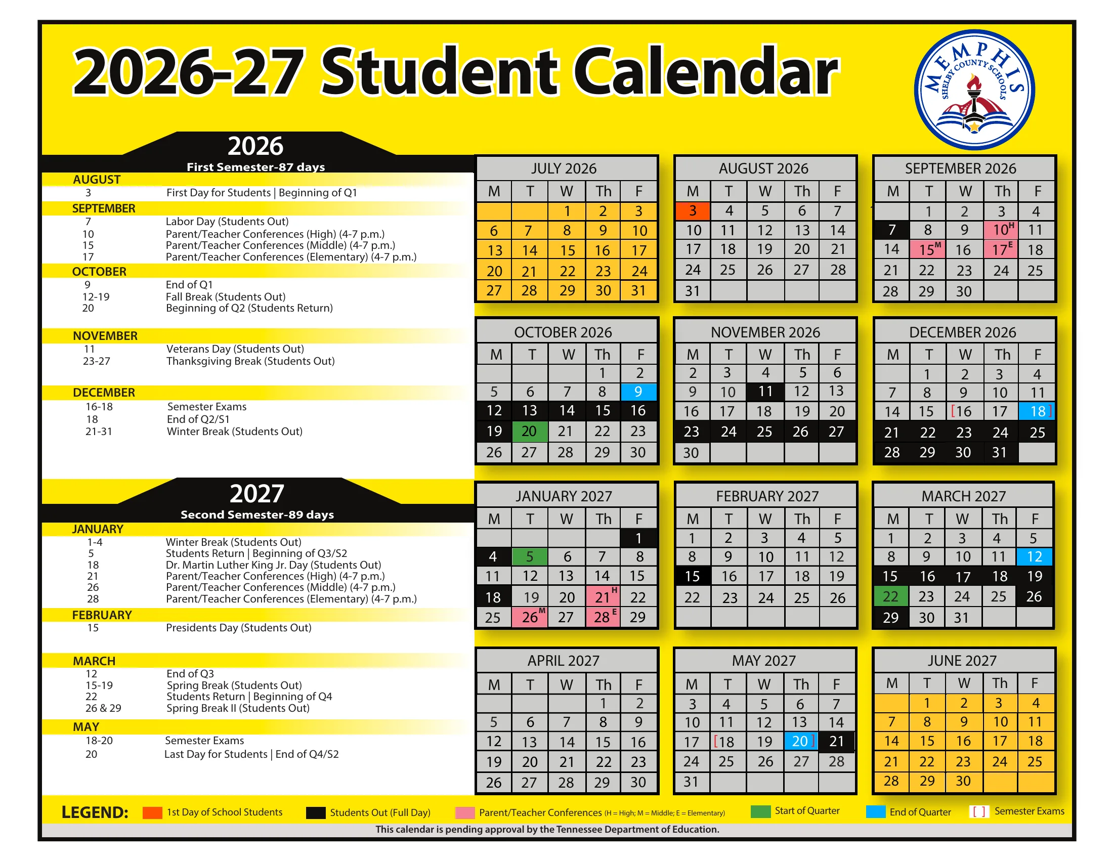 The Memphis-Shelby County Schools 2026-27 Student Calendar: month grids from July 2026 to June 2027 with the first day in orange, days students are out in black, parent-teacher conference evenings in pink, quarter starts in green and ends in blue, brackets around semester exams, and a month-by-month date list on the left.