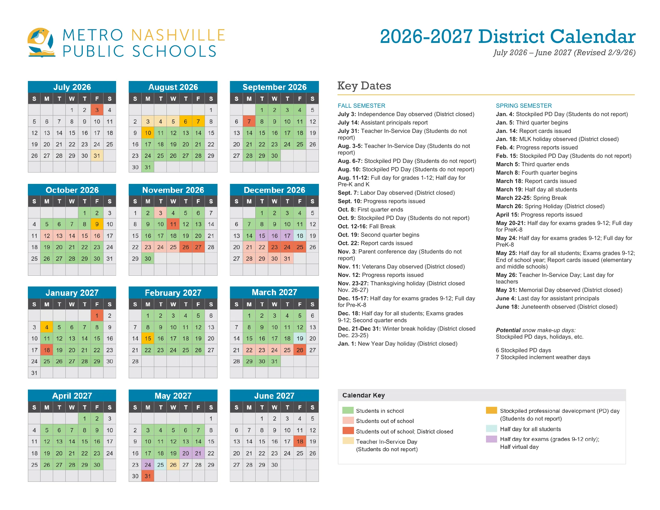 The Metro Nashville Public Schools 2026-2027 District Calendar: twelve month grids from July 2026 to June 2027 colored for school days, days students are out, district closed days, teacher in-service days, stockpiled PD days and half days, with a Key Dates list and a calendar key.