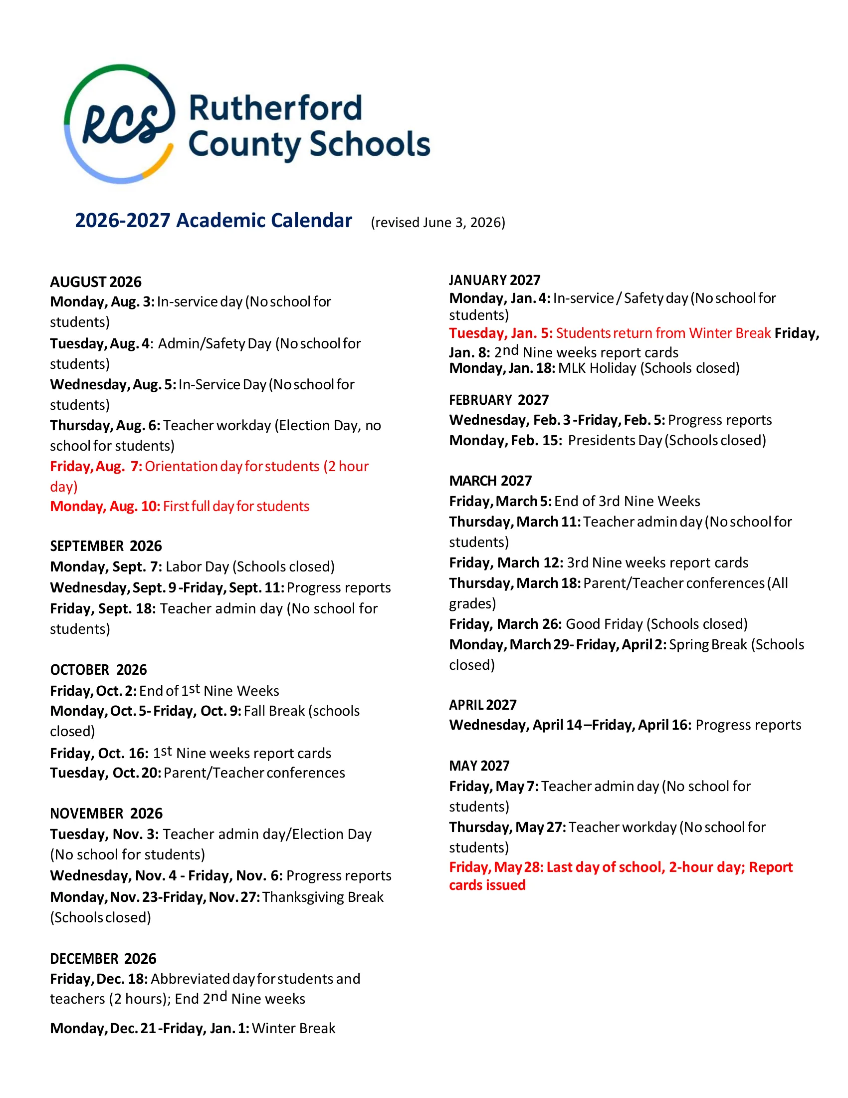 The Rutherford County Schools 2026-2027 Academic Calendar (revised June 3, 2026): a dated list by month from August 2026 to May 2027 in two columns, with student first and last days in red.