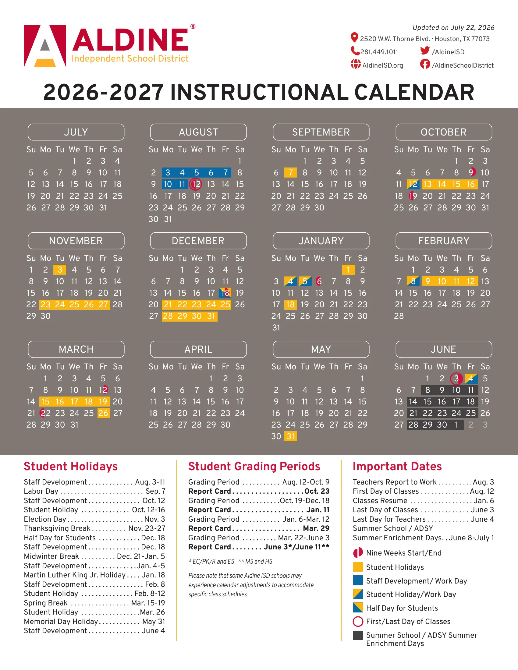The Aldine ISD 2026-2027 Instructional Calendar: twelve month grids from July 2026 to June 2027 on a gray background, with student holidays in yellow, staff development in blue, split yellow and blue cells for student holiday work days and the half day, red marks for the start and end of each nine weeks, circles on the first and last days and summer school days in dark gray, with lists of student holidays, grading periods and important dates. Page 2 is the same calendar in Spanish.