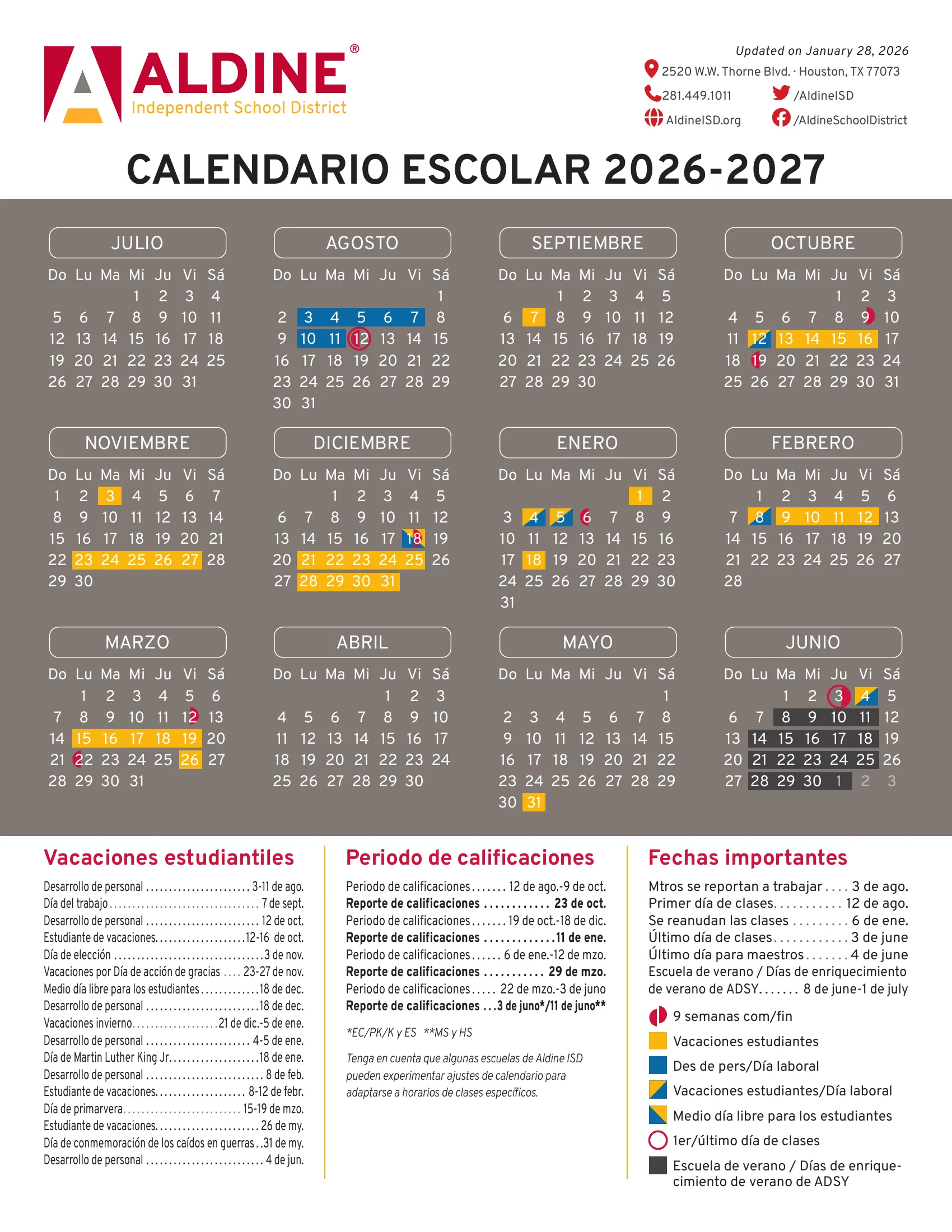 The Aldine ISD 2026-2027 Instructional Calendar: twelve month grids from July 2026 to June 2027 on a gray background, with student holidays in yellow, staff development in blue, split yellow and blue cells for student holiday work days and the half day, red marks for the start and end of each nine weeks, circles on the first and last days and summer school days in dark gray, with lists of student holidays, grading periods and important dates. Page 2 is the same calendar in Spanish. Page 2 of 2.