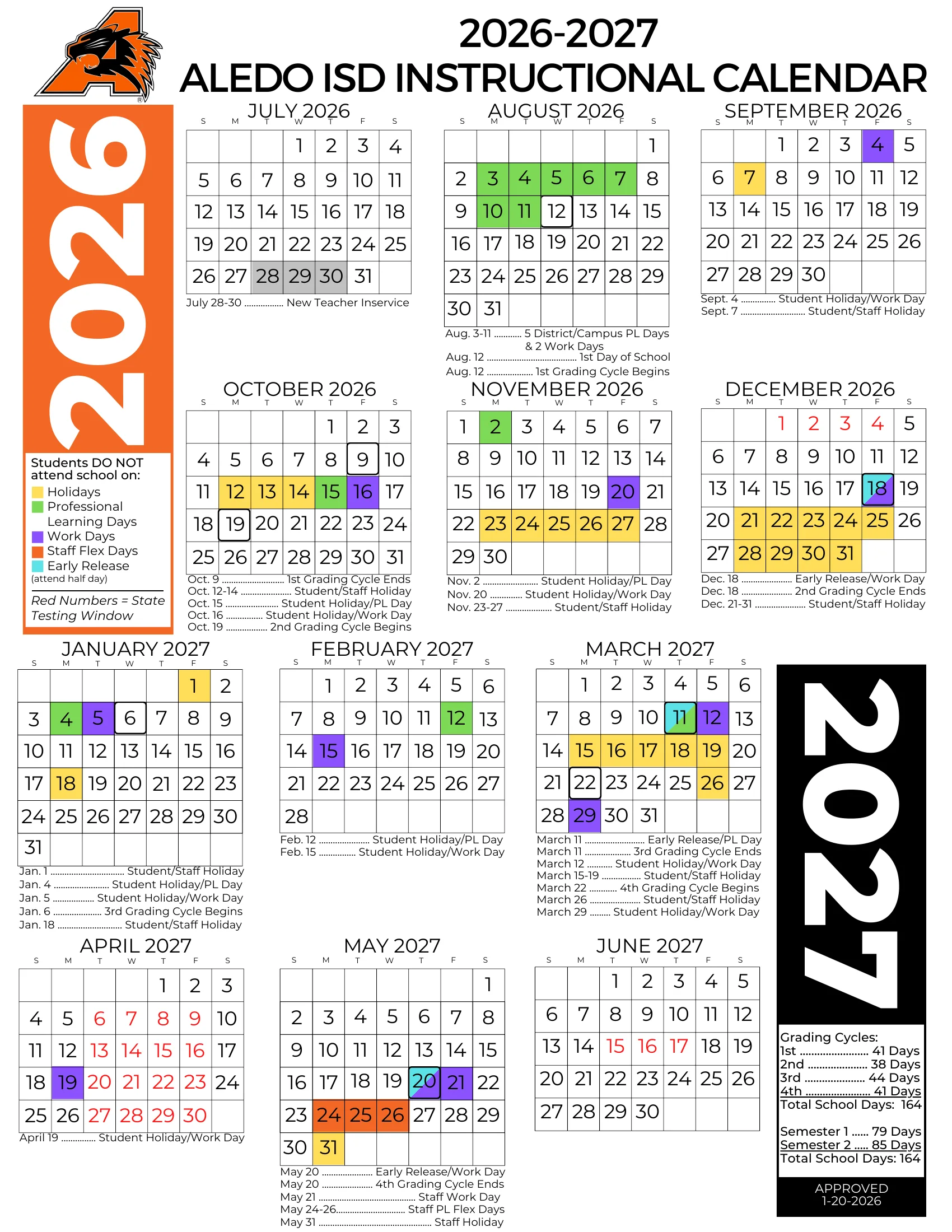 The Aledo ISD 2026-2027 Instructional Calendar: month grids from July 2026 to June 2027 with holidays in yellow, professional learning days in green, work days in purple, staff flex days in orange, early release days in light blue, state testing windows in red numbers, grading cycle starts and ends boxed, a list of dates under each month, and grading cycle and semester day counts.