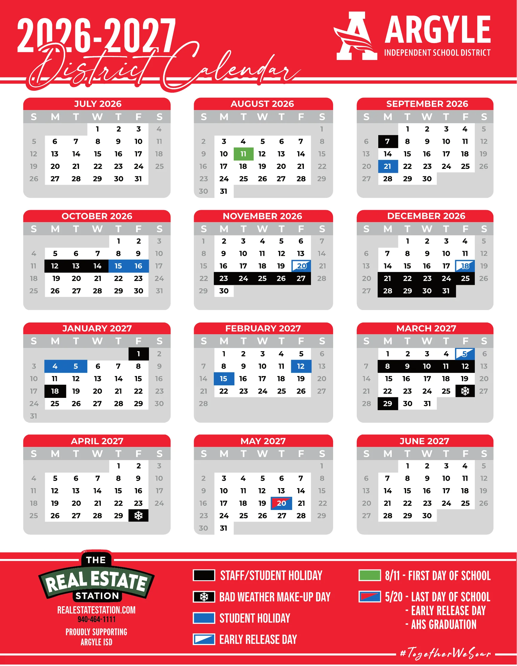 The Argyle ISD 2026-2027 District Calendar: month grids from July 2026 to June 2027 with staff and student holidays in black, student holidays in blue, early release days half blue, bad weather make-up days marked with a snowflake, the first day in green and the last day half red and blue, with a legend at the bottom.