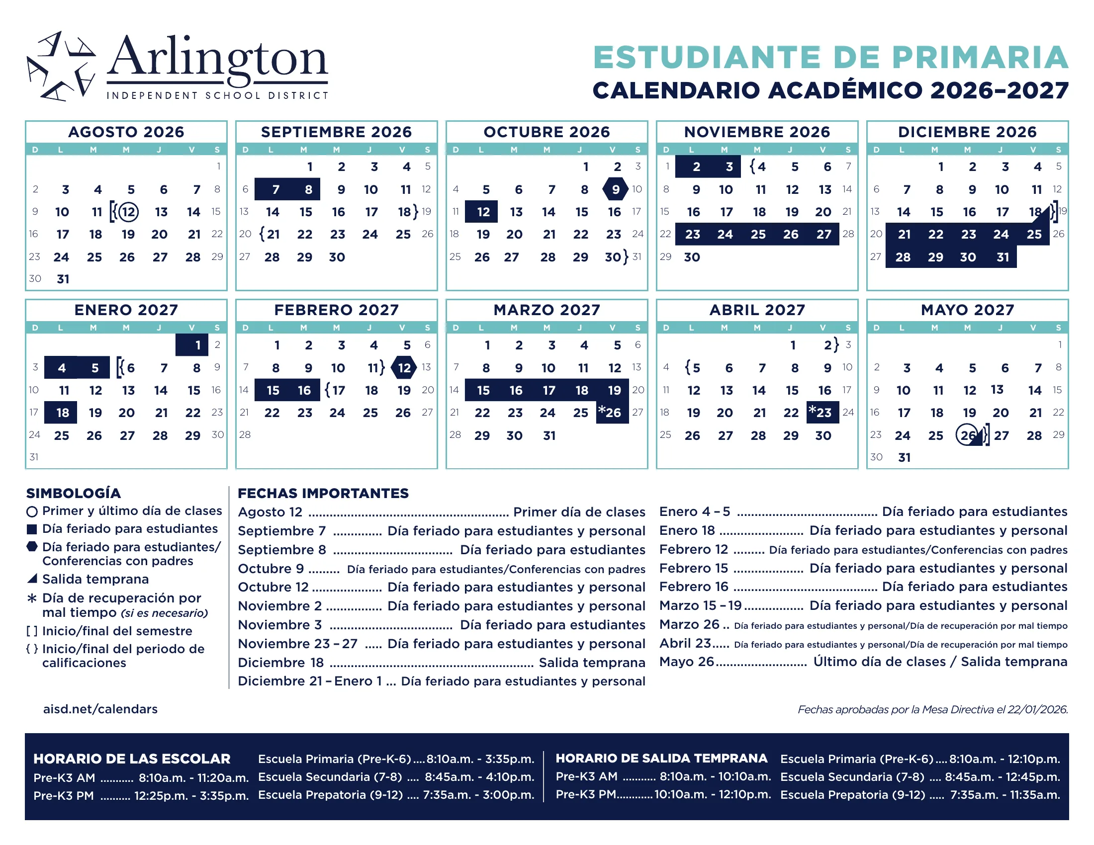 The Arlington ISD Elementary Student 2026-2027 Academic Calendar: month grids from August 2026 to May 2027 with student holidays in solid navy, parent conference holidays as hexagons, early dismissals as corner triangles, bad weather makeup days starred and brackets for semesters and grading periods, a legend, important dates and school and early dismissal hours. Page 2 is the same calendar in Spanish. Page 2 of 2.