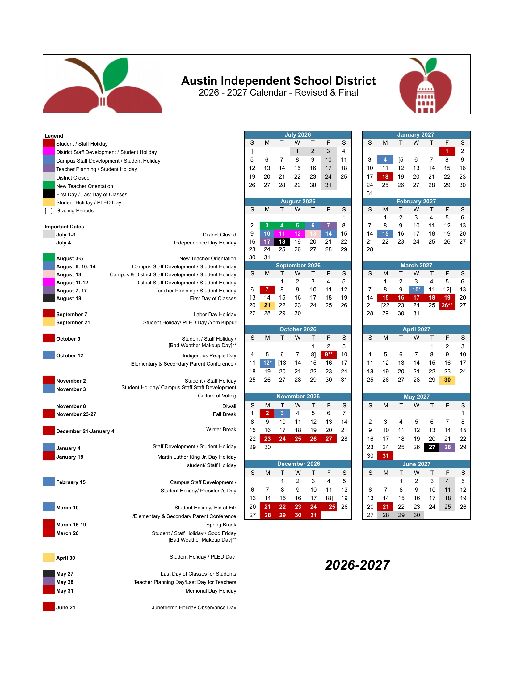 The Austin ISD 2026-2027 Calendar, Revised and Final: a legend, a list of important dates and twelve month grids from July 2026 to June 2027, colored for student and staff holidays (red), district and campus staff development (pink and blue), teacher planning (purple), PLED days (yellow), new teacher orientation (green) and the first and last days (black), with brackets for grading periods. Page 2 is the same calendar in Spanish.