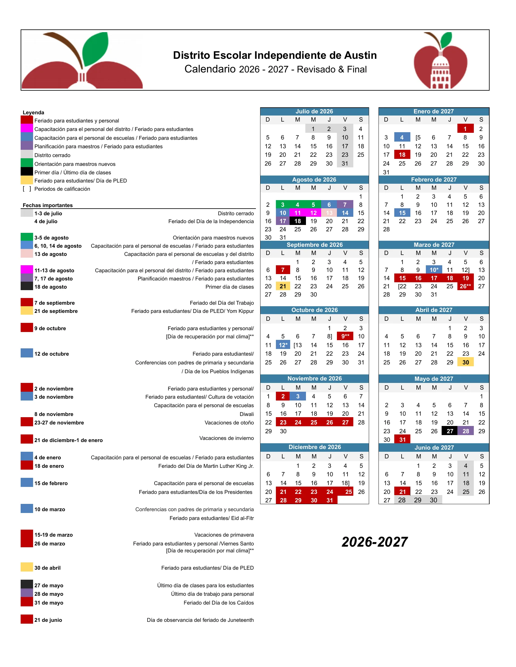 The Austin ISD 2026-2027 Calendar, Revised and Final: a legend, a list of important dates and twelve month grids from July 2026 to June 2027, colored for student and staff holidays (red), district and campus staff development (pink and blue), teacher planning (purple), PLED days (yellow), new teacher orientation (green) and the first and last days (black), with brackets for grading periods. Page 2 is the same calendar in Spanish. Page 2 of 2.