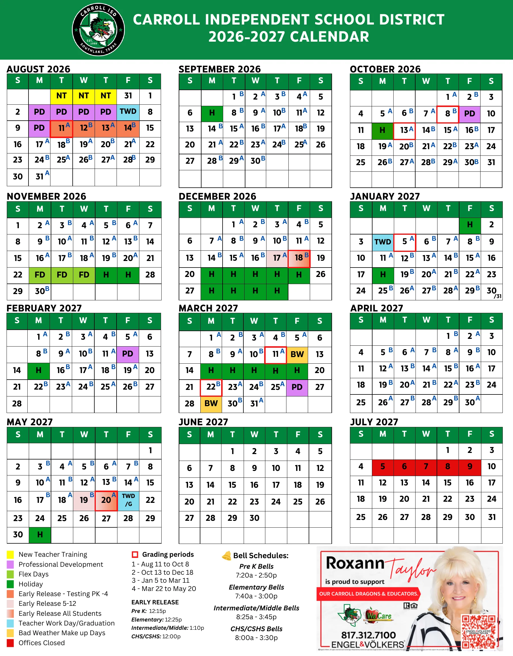 The Carroll ISD 2026-2027 calendar: month grids from August 2026 to July 2027 with holidays in green, professional development days in purple, early release days in orange and pink, bad weather makeup days in yellow, grading period starts and ends boxed in red, A and B day letters on school days, and a legend, grading periods, early release times and bell schedules at the bottom.