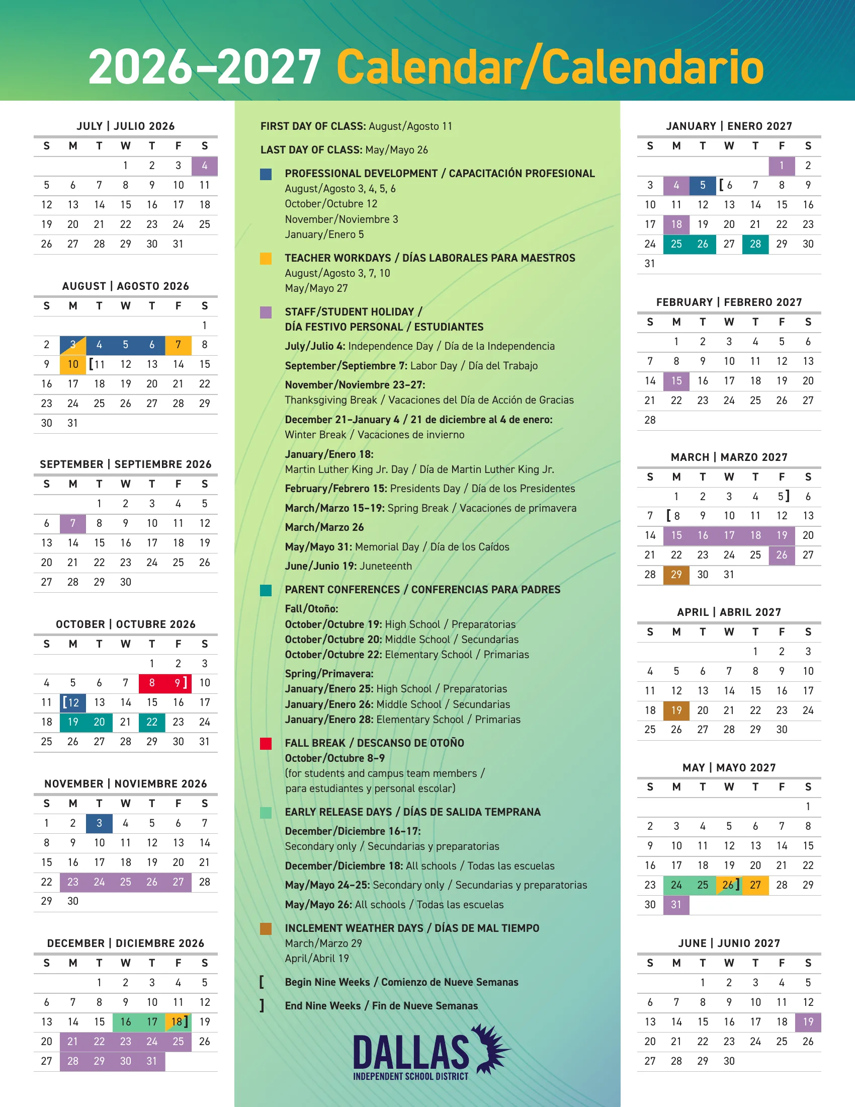 The Dallas ISD 2026-2027 Calendar/Calendario in English and Spanish: month grids from July 2026 to June 2027 with professional development days in blue, teacher workdays in gold, staff and student holidays in purple, parent conferences in teal, fall break in red, early release days in green and inclement weather days in brown, a key down the middle, and a second page of important dates and observances.