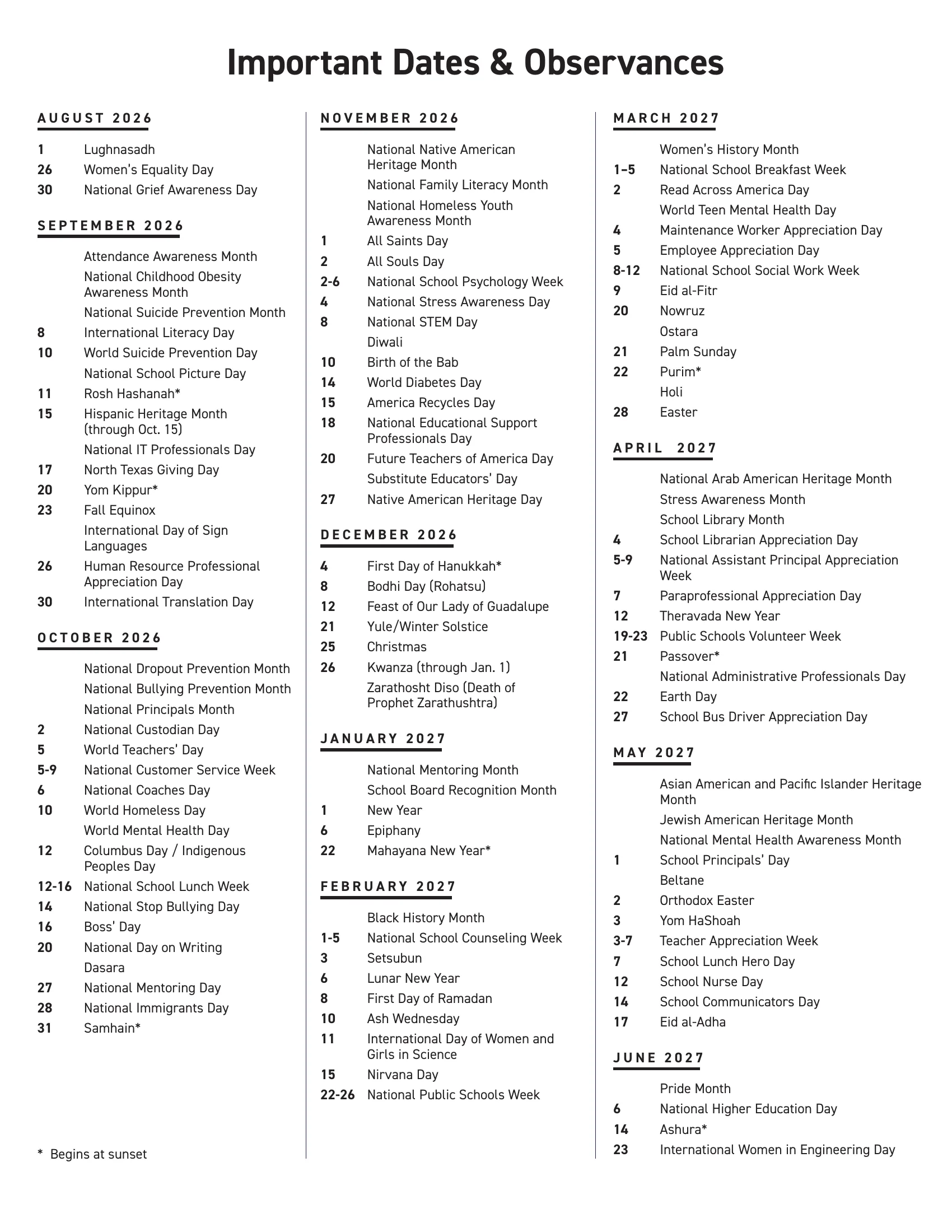 The Dallas ISD 2026-2027 Calendar/Calendario in English and Spanish: month grids from July 2026 to June 2027 with professional development days in blue, teacher workdays in gold, staff and student holidays in purple, parent conferences in teal, fall break in red, early release days in green and inclement weather days in brown, a key down the middle, and a second page of important dates and observances. Page 2 of 2.