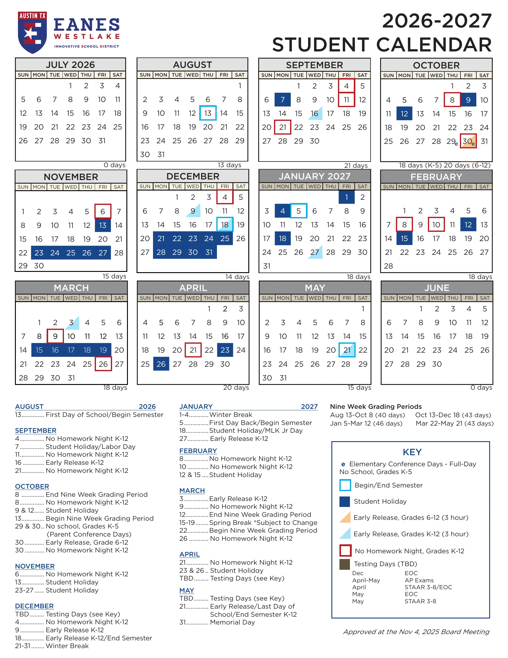 The Eanes ISD 2026-2027 Student Calendar: month grids from July 2026 to June 2027 with student holidays in dark blue, early release days as orange (grades 6-12) and light blue (K-12) corners, semester start and end boxed in light blue, no homework nights boxed in red, monthly day counts, a month-by-month date list, the nine-week grading periods and the key.