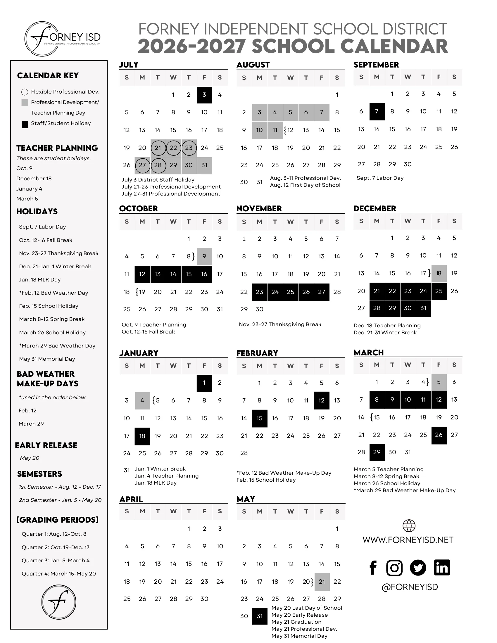 The Forney ISD 2026-2027 School Calendar: month grids from July 2026 to June 2027 with staff and student holidays in black, professional development and teacher planning days in gray, flexible professional development circled and quarters bracketed, and a key listing teacher planning days, holidays, bad weather makeup days, the early release, semesters and grading periods.
