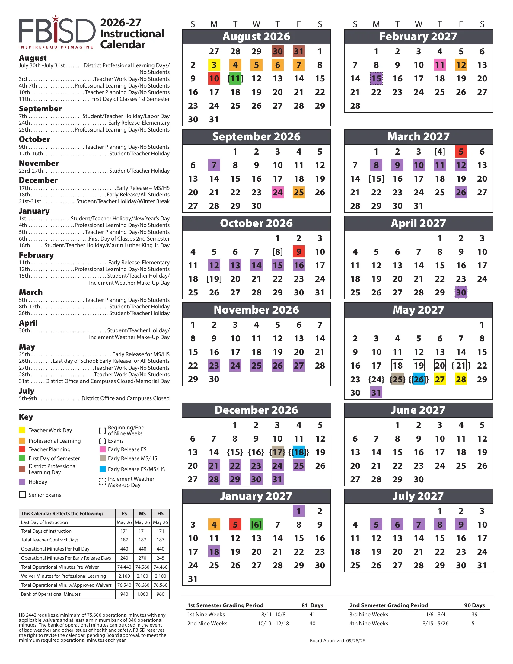 The Fort Bend ISD 2026-27 Instructional Calendar: month grids from August 2026 to July 2027 colored for holidays, teacher work, planning and professional learning days and early releases, with a dated list, a key, the instructional minutes table and the nine-week grading periods.