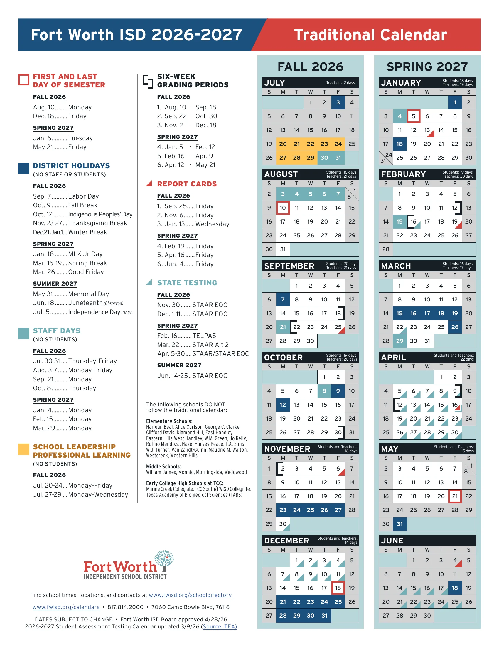 The Fort Worth ISD 2026-2027 Traditional Calendar: month grids from July 2026 to June 2027 in fall and spring columns, with district holidays in dark blue, staff days in teal and school leadership days in gold, red boxes on the first and last days of each semester, grading period brackets, report card and state testing triangles, and lists of every date down the left side.