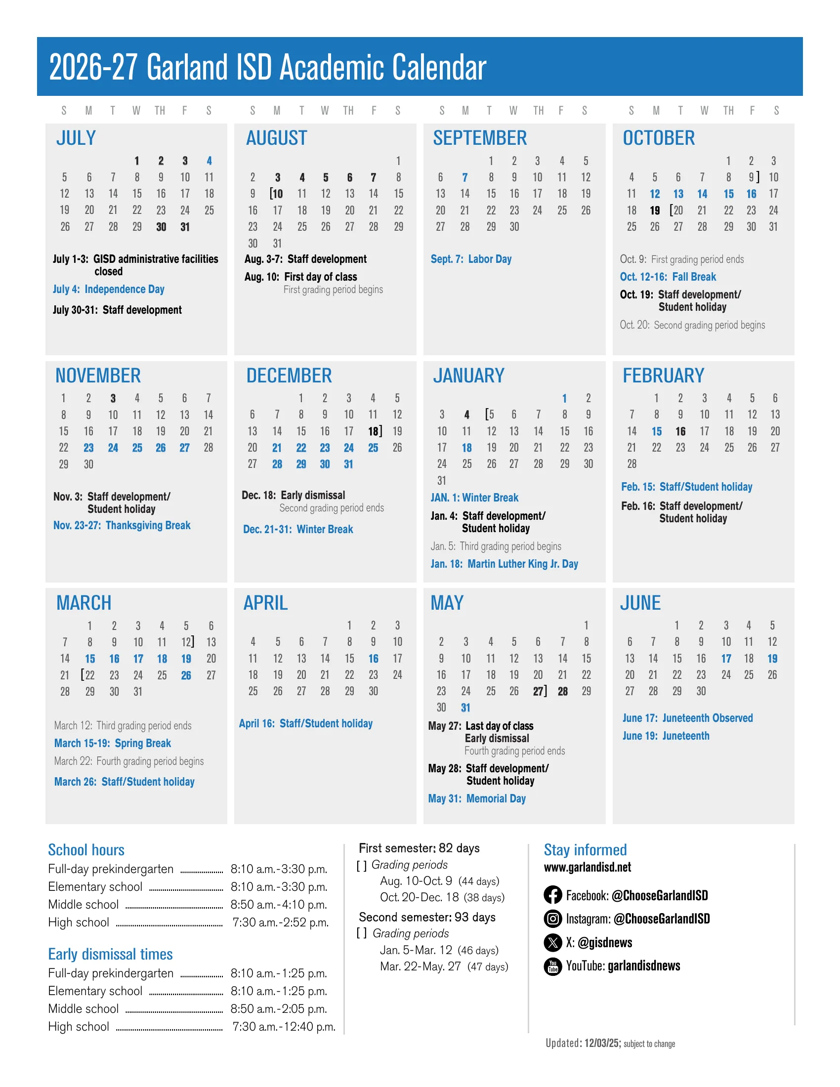 The 2026-27 Garland ISD Academic Calendar: month grids from July 2026 to June 2027 with holidays and breaks in blue, staff development days in bold, grading periods bracketed, dated notes under each month, school hours, early dismissal times and the grading period day counts.