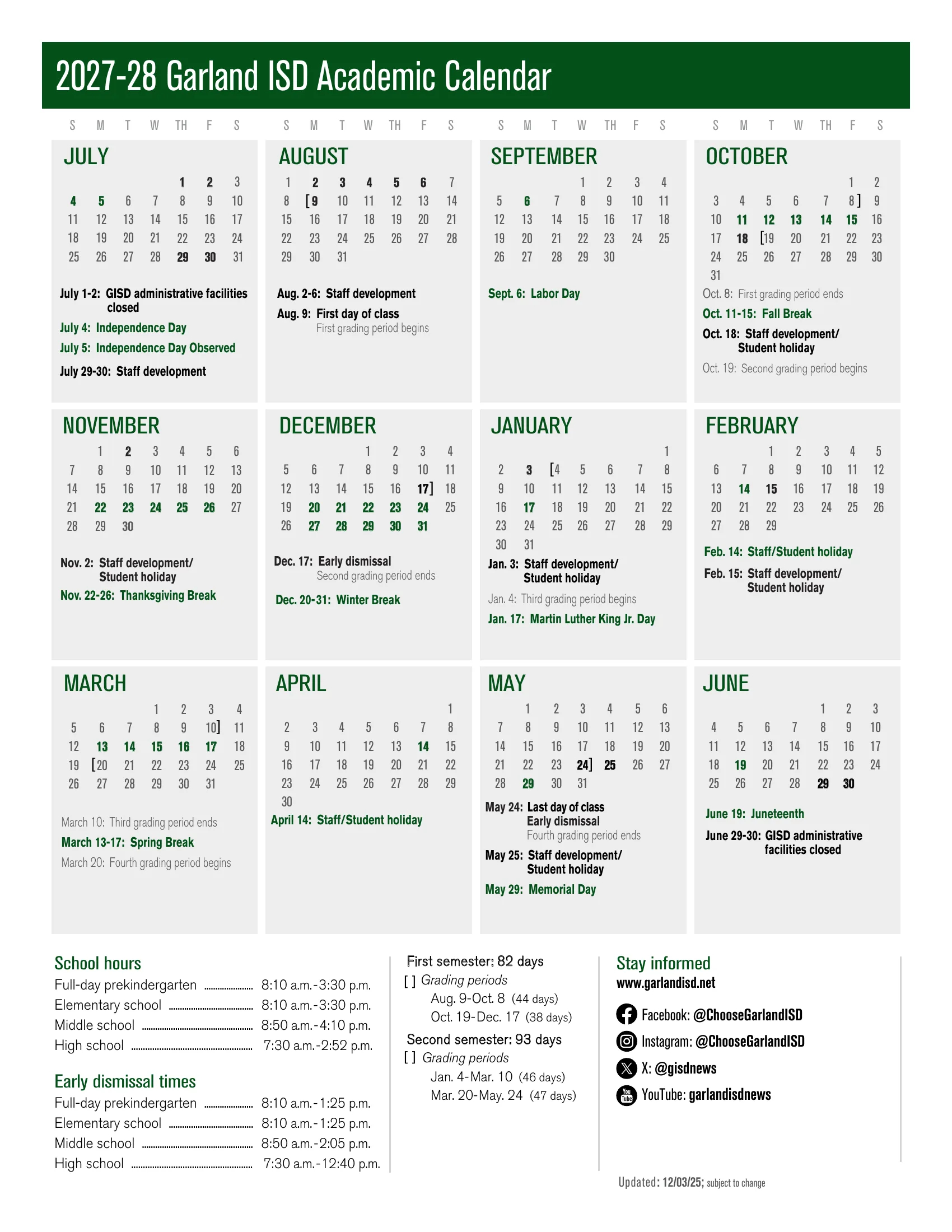 The 2027-28 Garland ISD Academic Calendar: month grids from July 2027 to June 2028 with holidays and breaks in green, staff development days in bold, grading periods bracketed, dated notes under each month, school hours, early dismissal times and the grading period day counts.