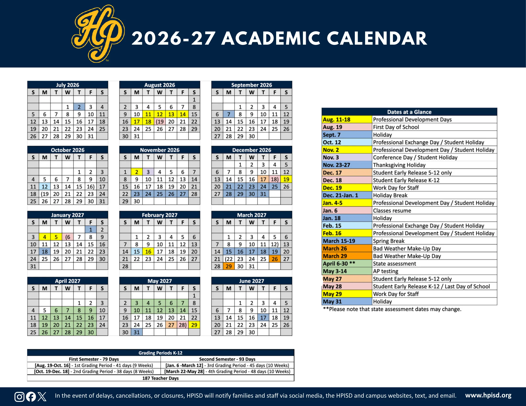 The Highland Park ISD 2026-27 Academic Calendar: month grids from July 2026 to June 2027 with holidays in blue, staff development days in yellow, early release days in peach and pink, bad weather makeup days in orange and testing weeks in green, a Dates at a Glance list on the right and a grading periods table at the bottom.