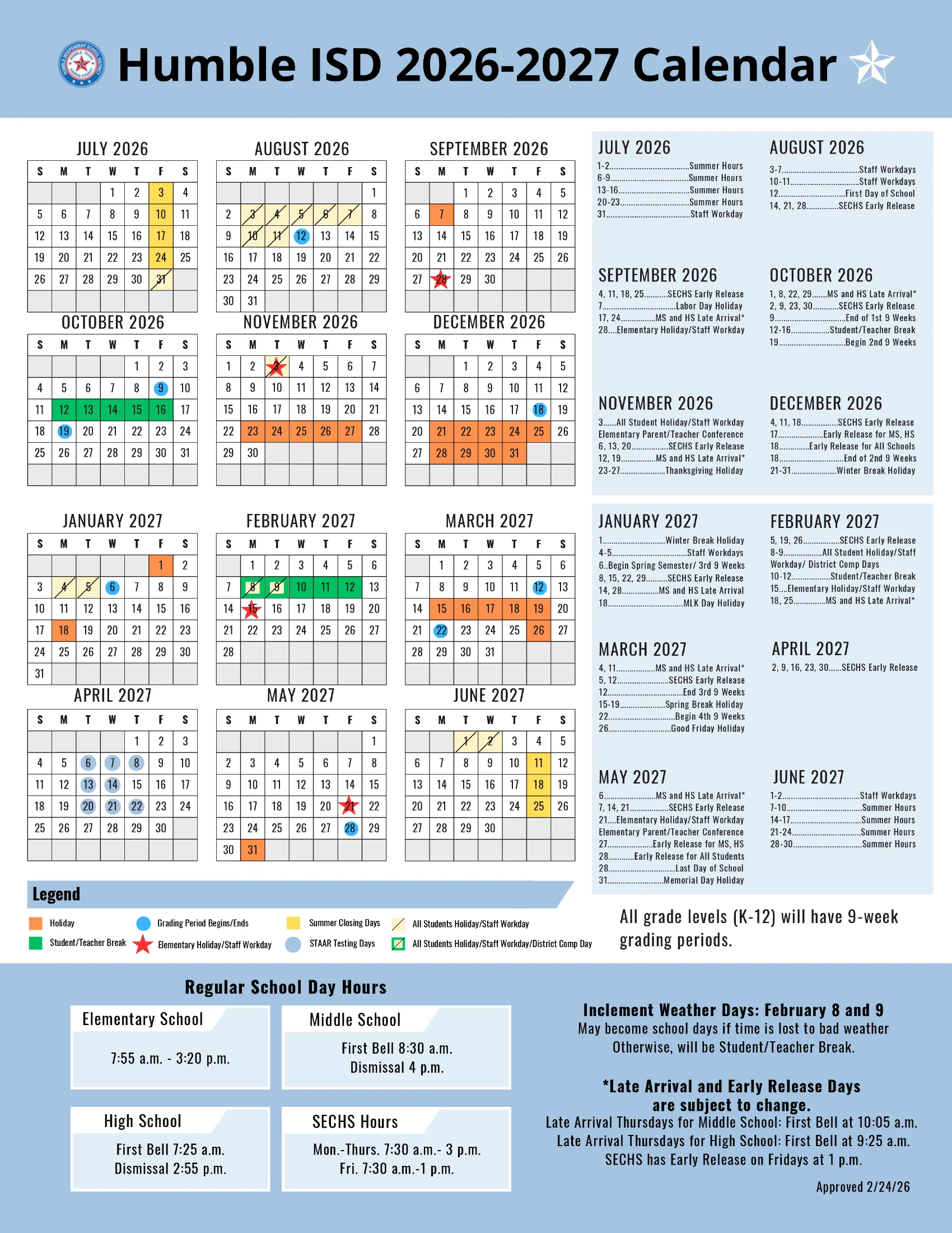 The Humble ISD 2026-2027 Calendar: page 1 has month grids from July 2026 to June 2027 with holidays in orange, student/teacher breaks in green, elementary holidays starred, grading period dates in blue circles, STAAR testing days, a month-by-month date list, school hours and the inclement weather days; page 2 is the same dates as a list.