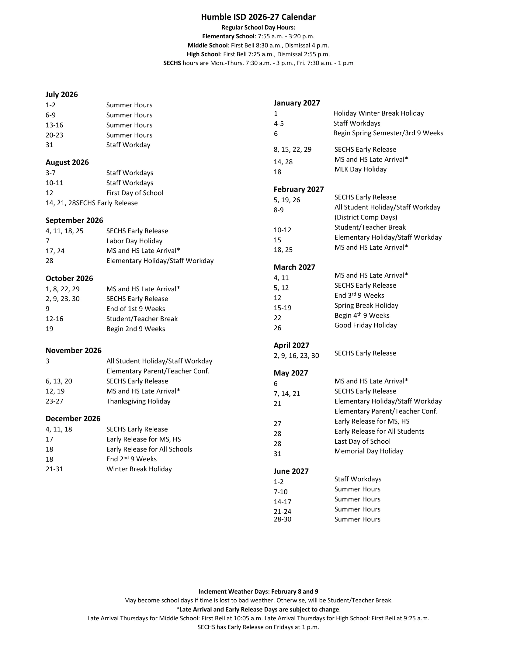The Humble ISD 2026-2027 Calendar: page 1 has month grids from July 2026 to June 2027 with holidays in orange, student/teacher breaks in green, elementary holidays starred, grading period dates in blue circles, STAAR testing days, a month-by-month date list, school hours and the inclement weather days; page 2 is the same dates as a list. Page 2 of 2.