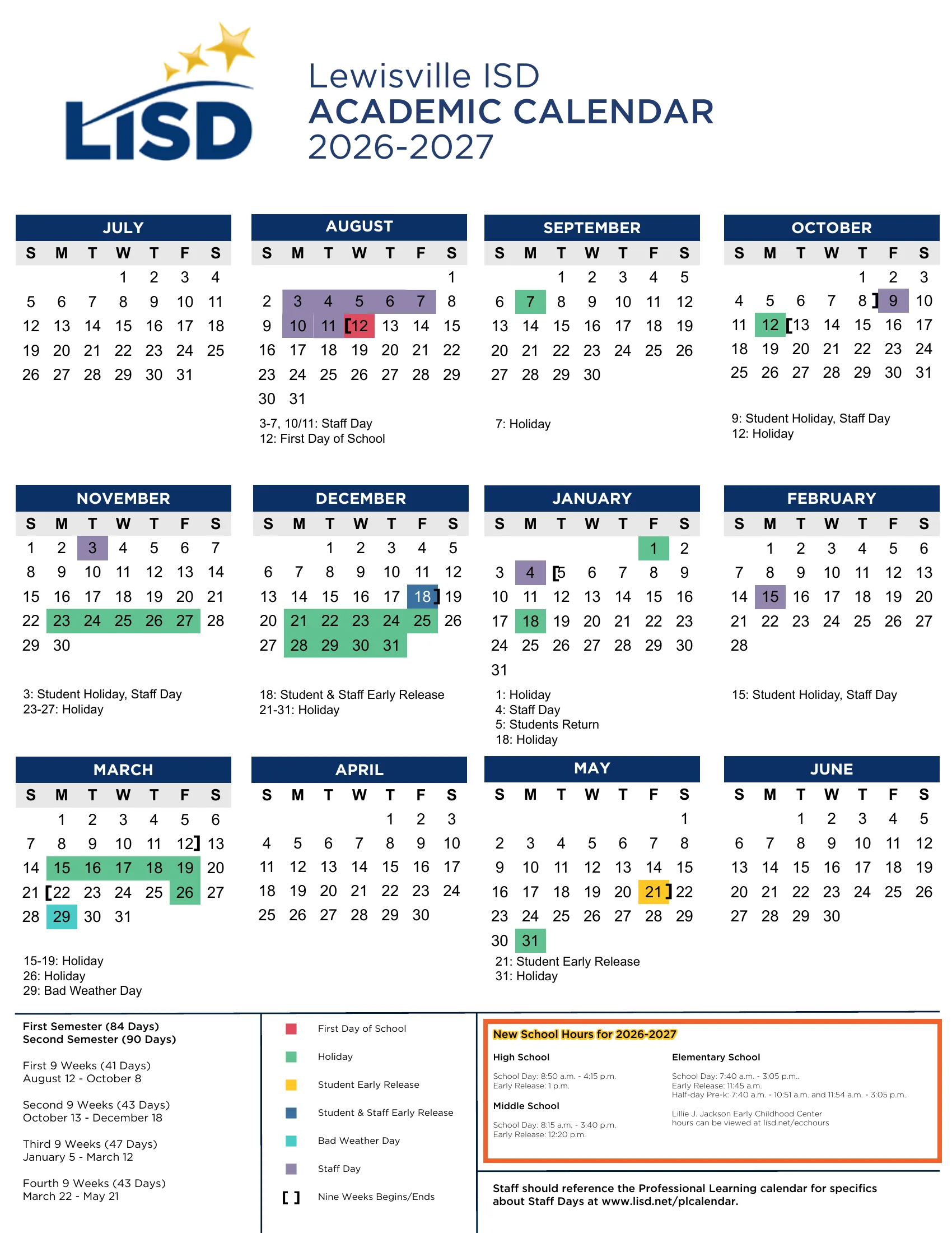 The Lewisville ISD Academic Calendar 2026-2027: month grids from July 2026 to June 2027 with the first day in red, holidays in green, staff days in purple, early releases in yellow and blue, the bad weather day in teal, nine-week brackets, the dates listed under each month, and a box of 2026-2027 school hours.