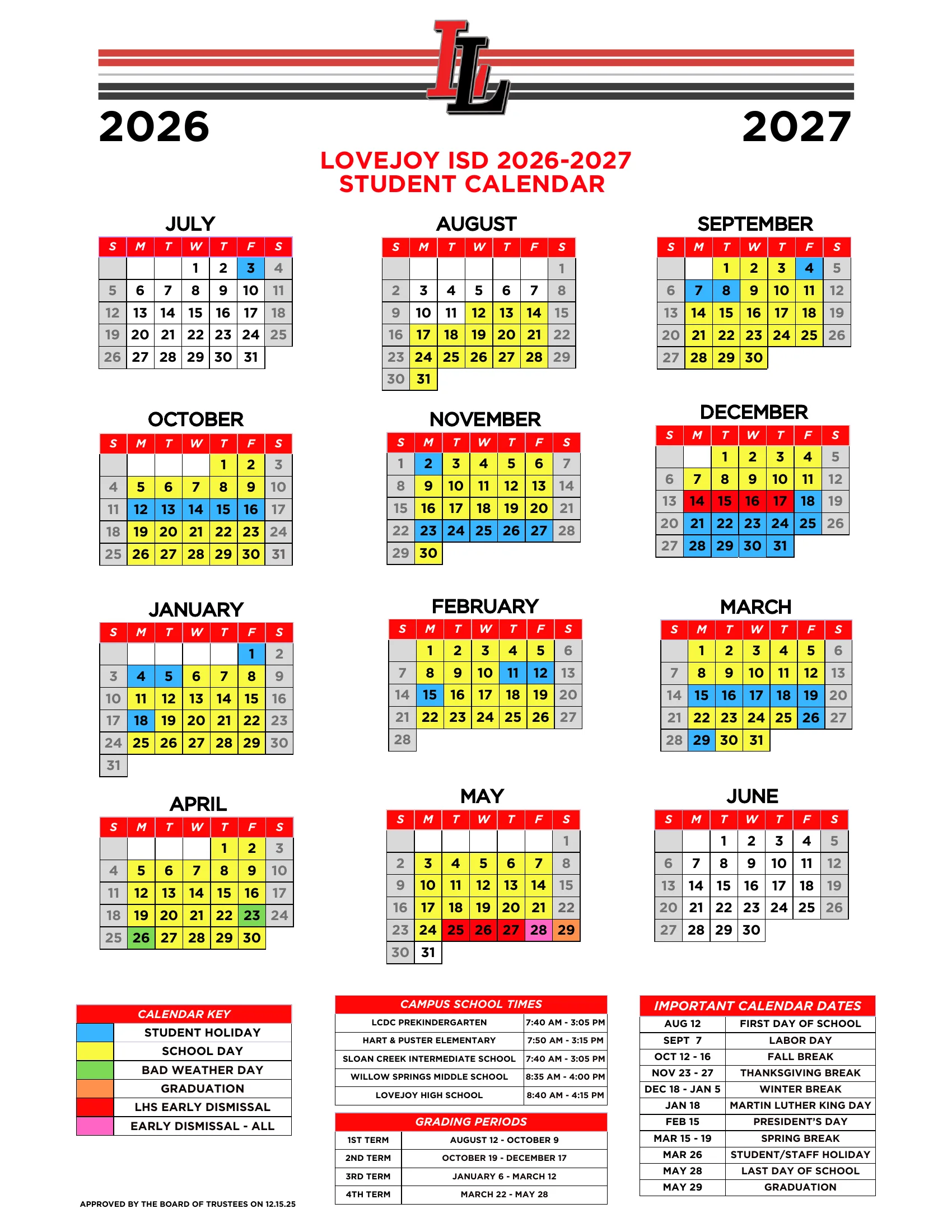 The Lovejoy ISD 2026-2027 Student Calendar: month grids from July 2026 to June 2027 with school days in yellow, student holidays in blue, bad weather days in green, Lovejoy High School early dismissal days in red, the all-school early dismissal on the last day in pink and graduation in orange, plus a calendar key, campus school times, the four grading terms and a list of important dates.