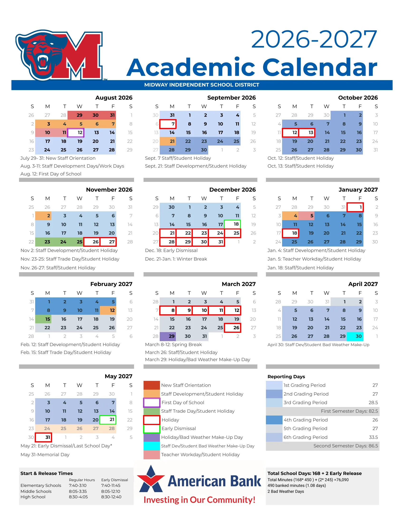 The Midway ISD 2026-2027 academic calendar: month grids from August 2026 to May 2027, each grading period shaded its own blue, staff development days in orange, staff trade days in green, holidays outlined in red, early dismissals outlined in green, bad weather makeup days in purple and cyan, with a color key, reporting day counts and start and release times.