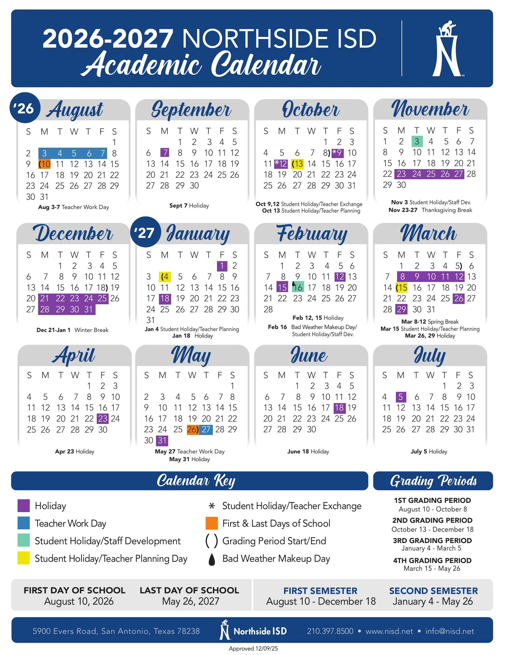 The Northside ISD 2026-2027 Academic Calendar: twelve month grids from August 2026 to July 2027 with holidays in purple, teacher work days in blue, staff development days in green, teacher planning days in yellow, first and last days in orange, a calendar key, the four grading periods and the two semesters.