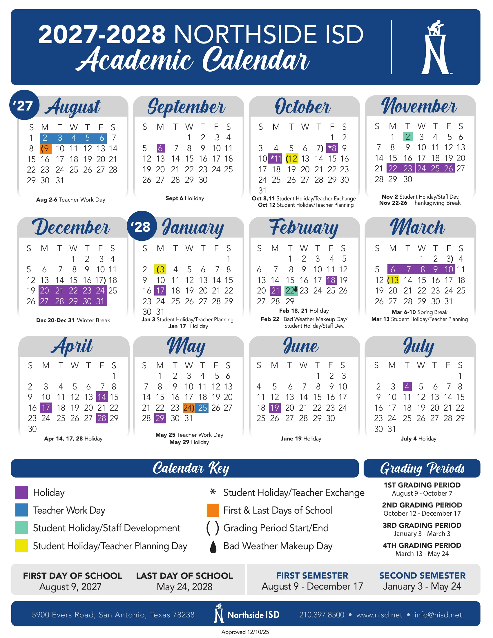 The Northside ISD 2027-2028 Academic Calendar: twelve month grids from August 2027 to July 2028 with holidays in purple, teacher work days in blue, staff development days in green, teacher planning days in yellow, first and last days in orange, a calendar key, the four grading periods and the two semesters.