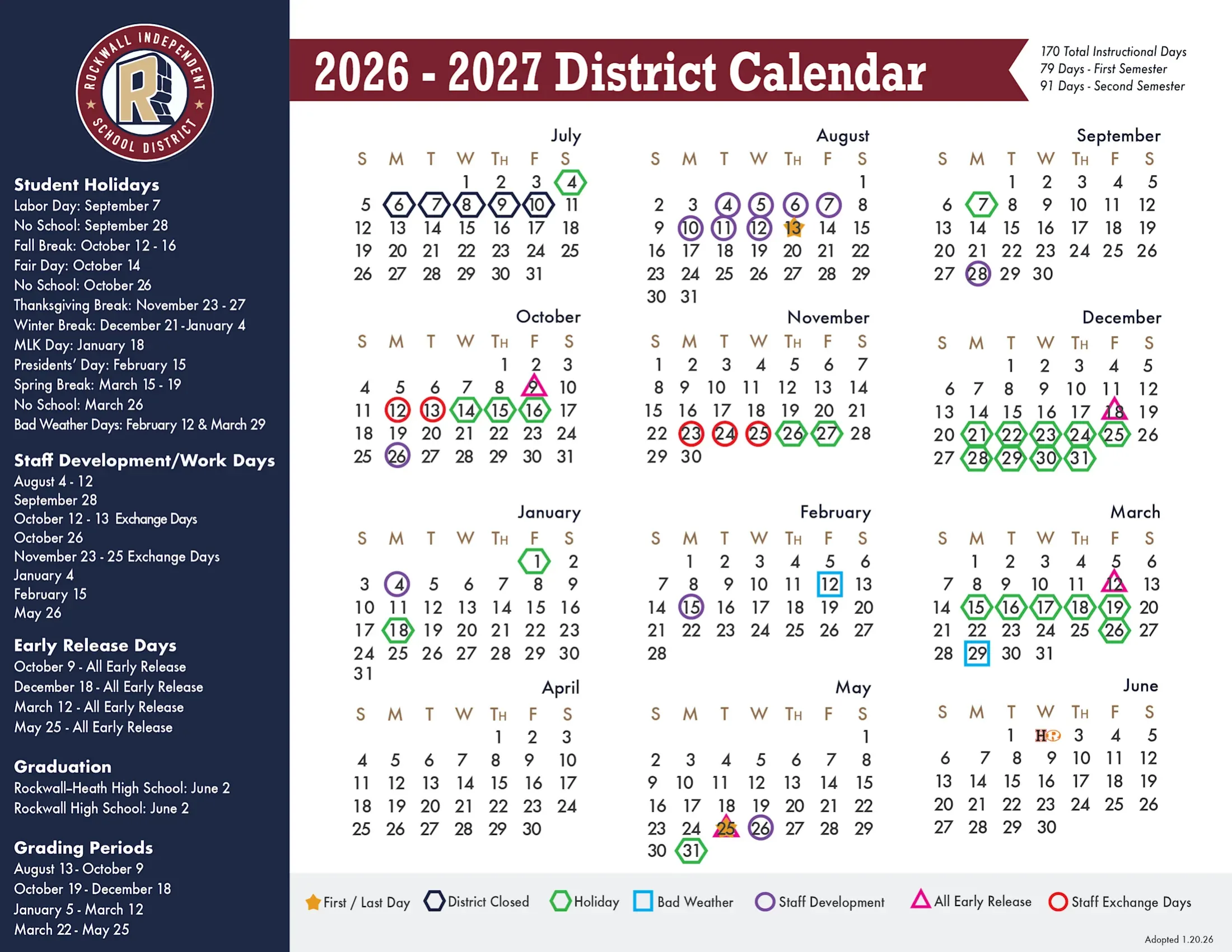 The Rockwall ISD 2026-2027 District Calendar: month grids from July 2026 to June 2027 with first and last days starred, district closed days in navy hexagons, holidays in green hexagons, bad weather days in blue squares, staff development days in purple circles, early releases in pink triangles and staff exchange days in red circles, beside lists of student holidays, staff days, early release days, graduation and grading periods.